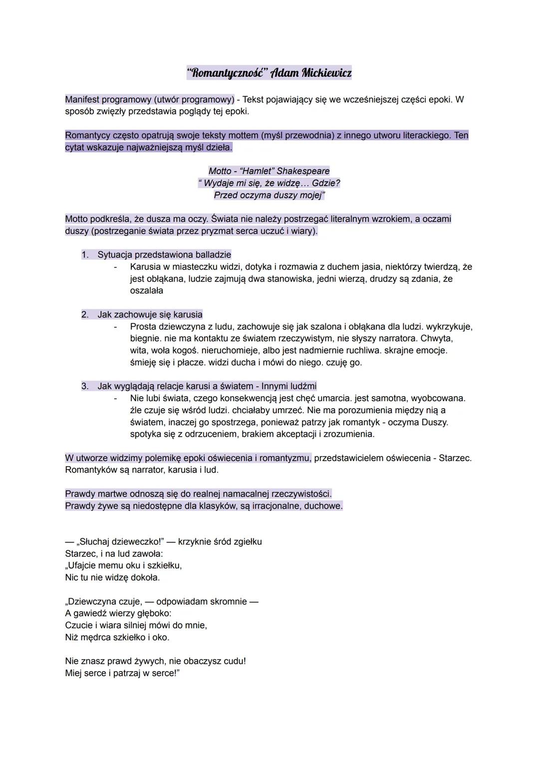 # "Romantyczność" Adam Mickiewicz
Manifest programowy (utwór programowy) - Tekst pojawiający się we wcześniejszej części epoki. W
sposób zw
