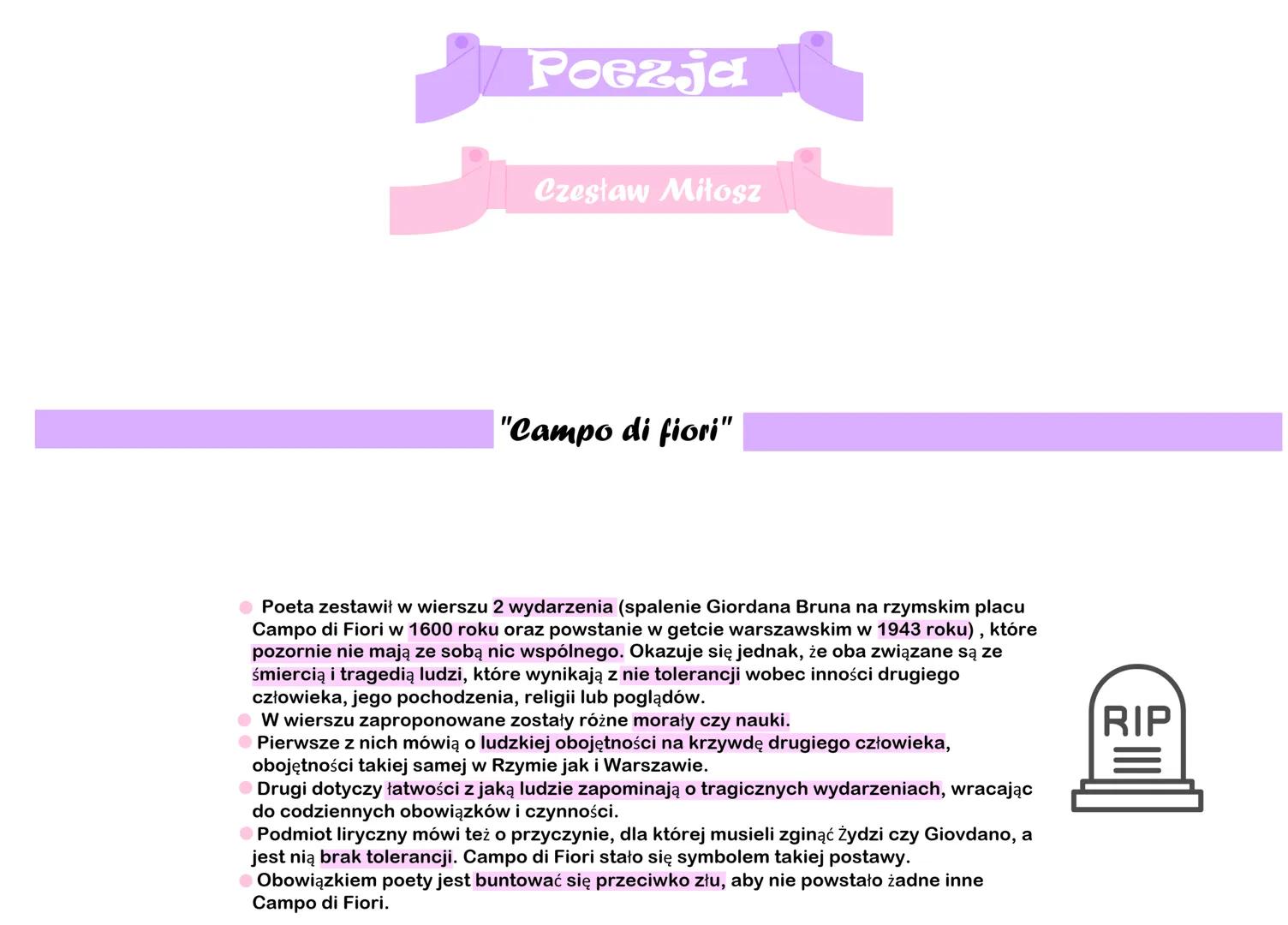 Poezja
Czesław Miłosz
"Campo di fiori"
● Poeta zestawił w wierszu 2 wydarzenia (spalenie Giordana Bruna na rzymskim placu
Campo di Fiori w 1