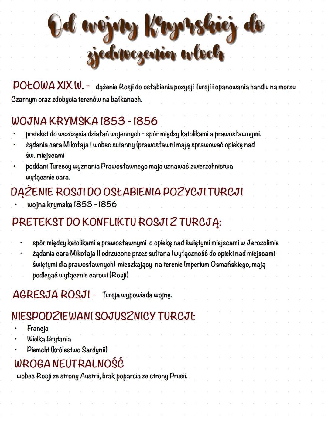 # Od wojny Krymskiej do
zjednoczenia wloch
POŁOWA XIX W.- dążenie Rosji do ostabienia pozycji Turcji i opanowania handlu na morzu
Czarnym o