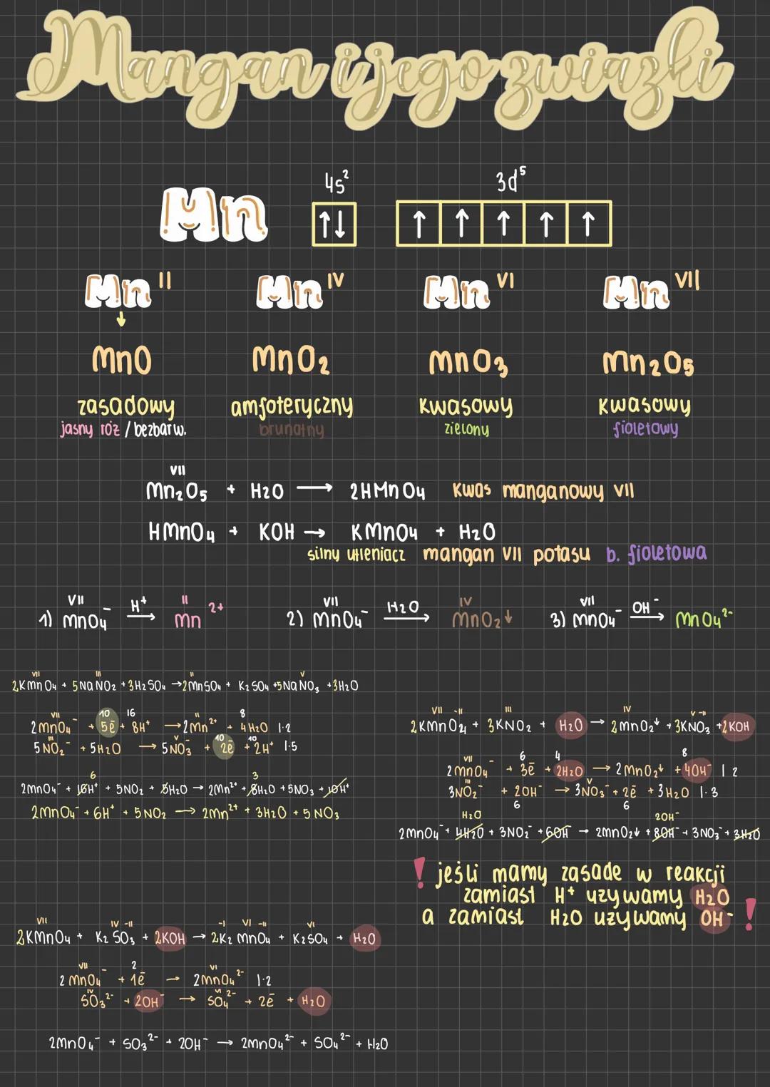 # Mangan i jego związki
4$s^2$ 3d$s^5$
Mn ↑↓ ↑↑↑↑↑
Mn$^{\text{II}}$ Mn$^{\text{IV}}$ Mn$^{\text{VI}}$ Mn$^{\text{VII}}$
MnO MnO$_2$ MnO$