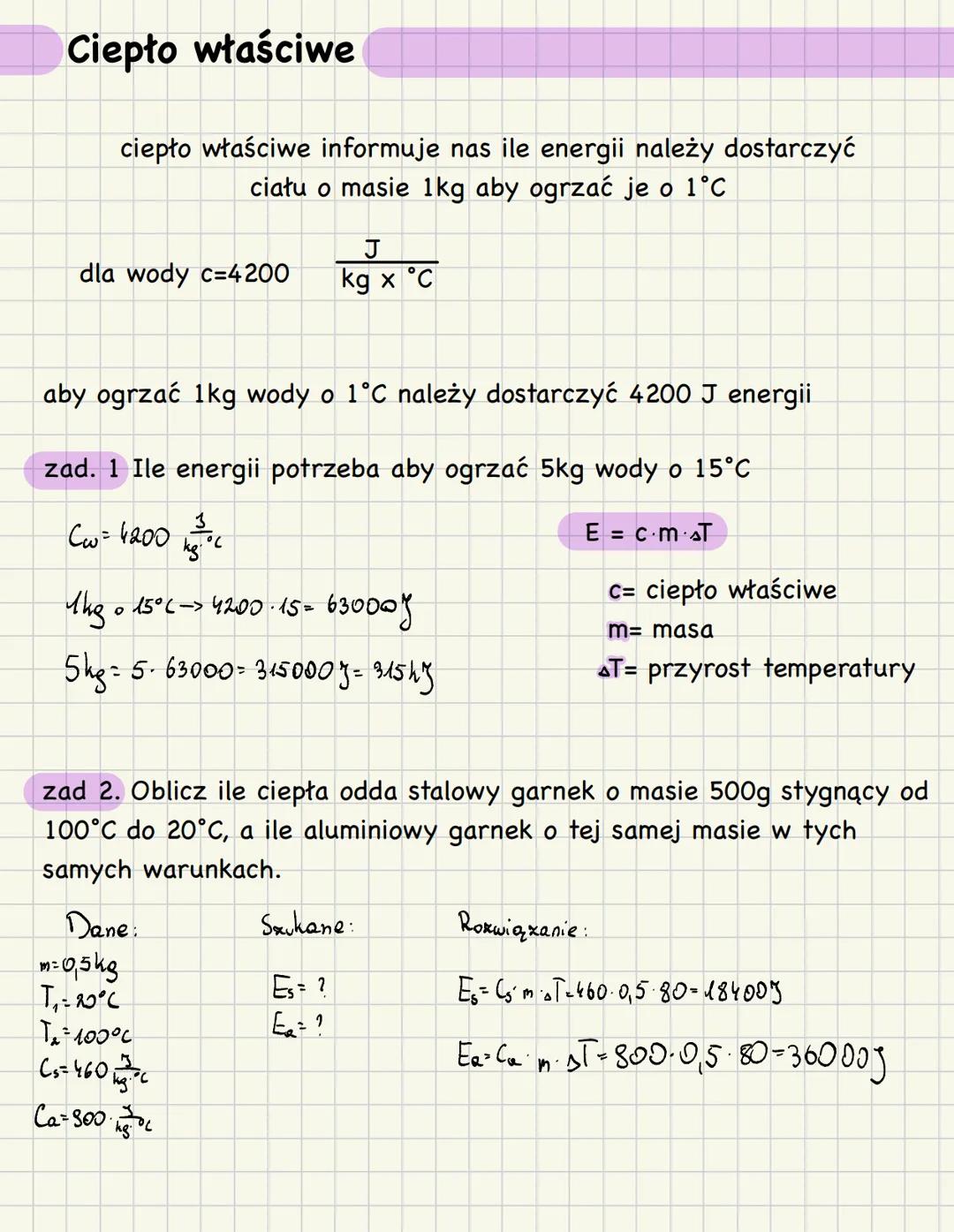 Ciepło właściwe
ciepło właściwe informuje nas ile energii należy dostarczyć
ciału o masie 1kg aby ogrzać je o 1°C
J
x
dla wody c=4200
kg x °