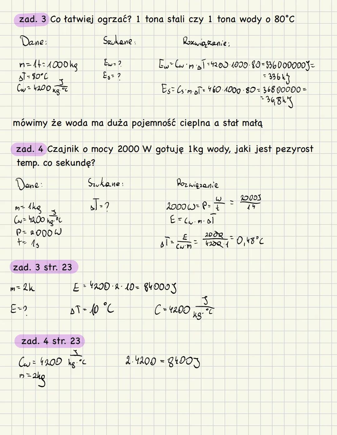Ciepło właściwe
ciepło właściwe informuje nas ile energii należy dostarczyć
ciału o masie 1kg aby ogrzać je o 1°C
J
x
dla wody c=4200
kg x °