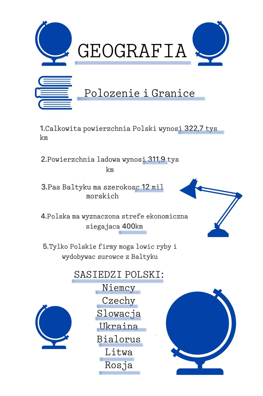GEOGRAFIA
Polozenie i Granice
1.Calkowita powierzchnia Polski wynosi 322,7 tys
km
2.Powierzchnia ladowa wynosi 311,9 tys
km
3.Pas Baltyku ma