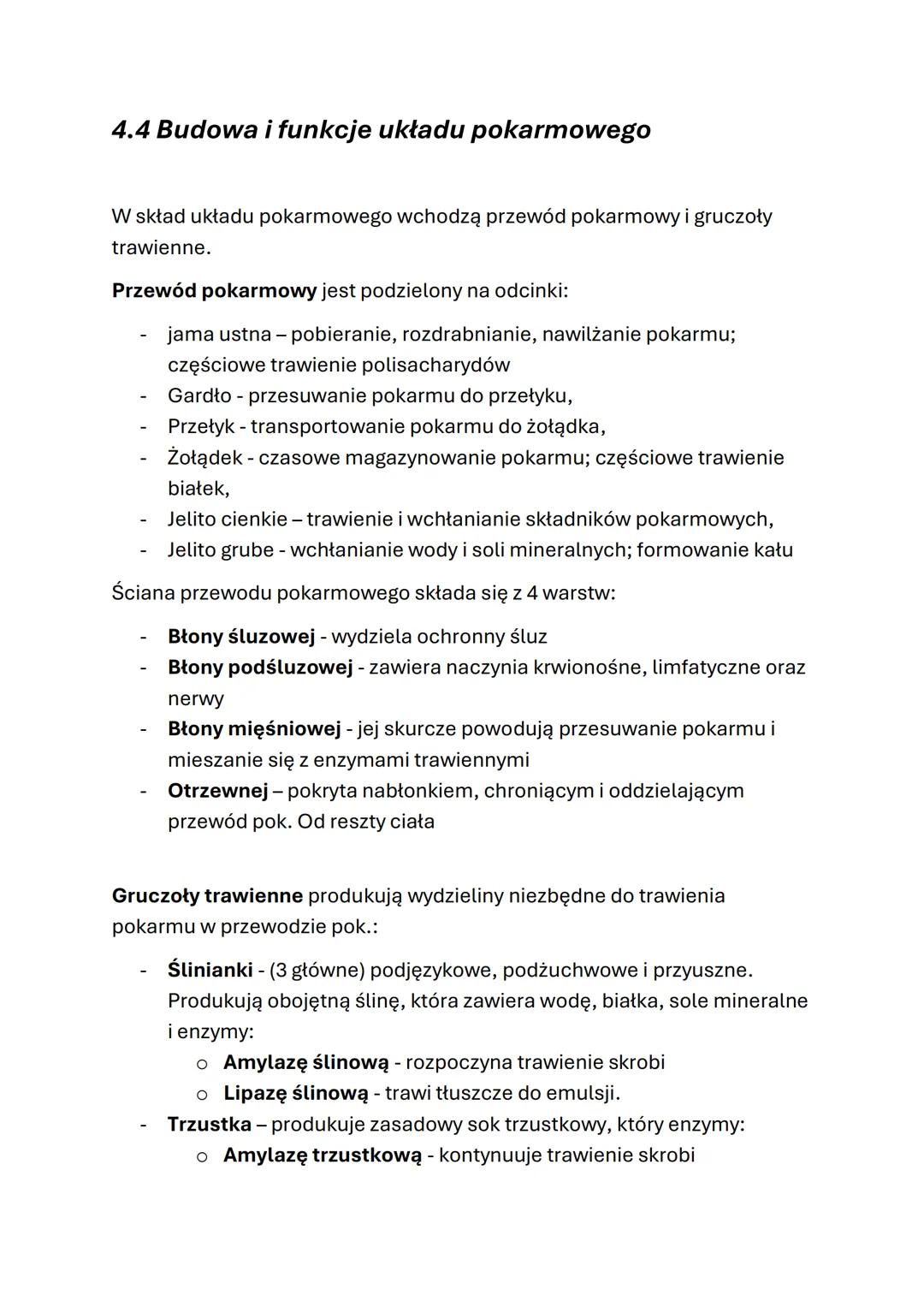 # 4.4 Budowa i funkcje układu pokarmowego
W skład układu pokarmowego wchodzą przewód pokarmowy i gruczoły
trawienne.
Przewód pokarmowy jes