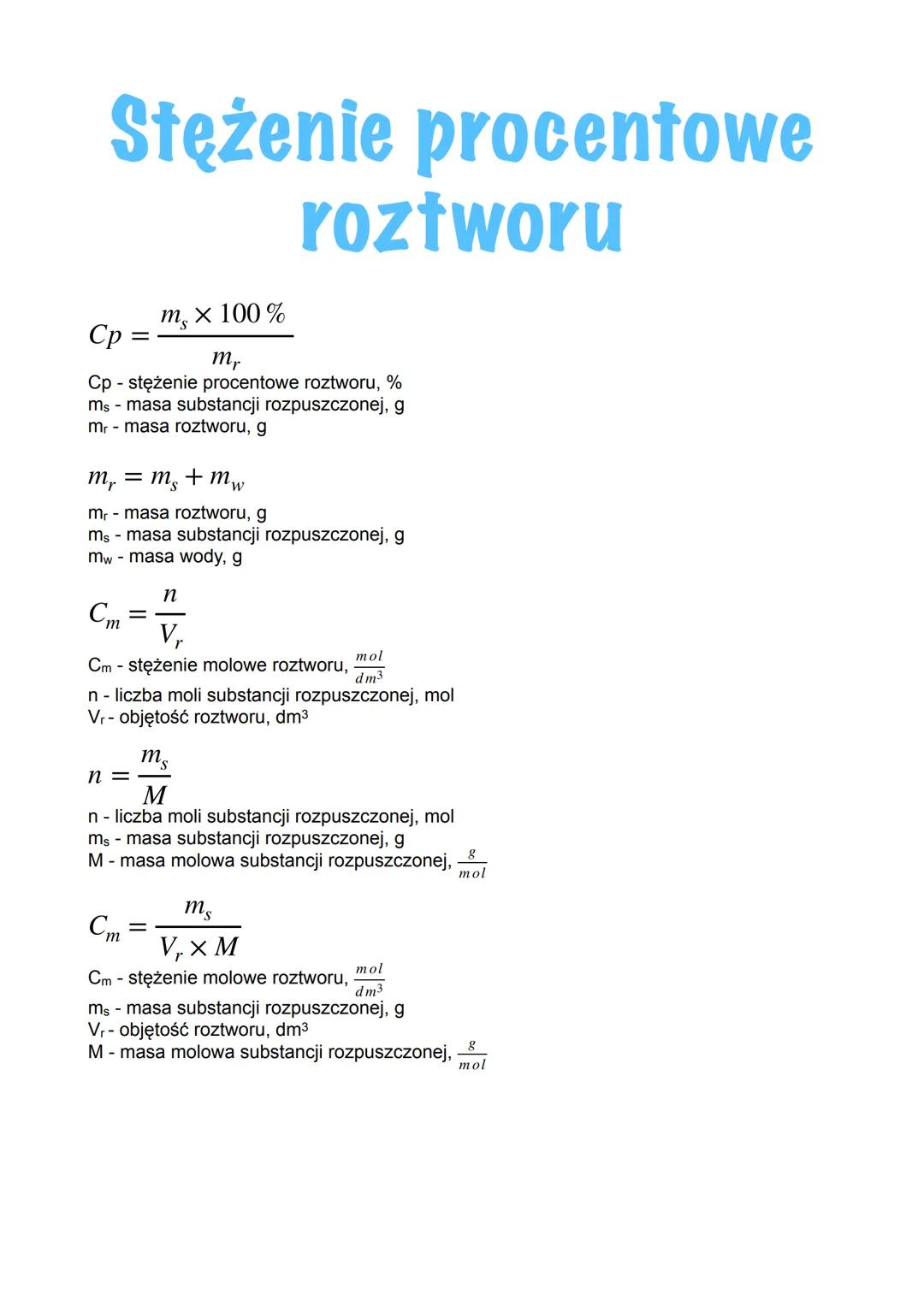 Stężenie procentowe
Ср
ms x 100%
mr
roztworu
Cp stężenie procentowe roztworu, %
ms - masa substancji rozpuszczonej, g
mr-masa roztworu, g
m₁