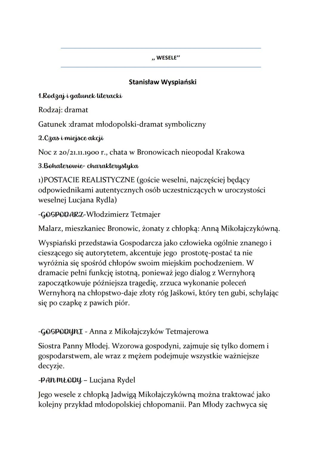 ``WESELE"
Stanisław Wyspiański
1.Rodzaj i gatunek literacki
Rodzaj: dramat
Gatunek :dramat młodopolski-dramat symboliczny
2. Czas i mie