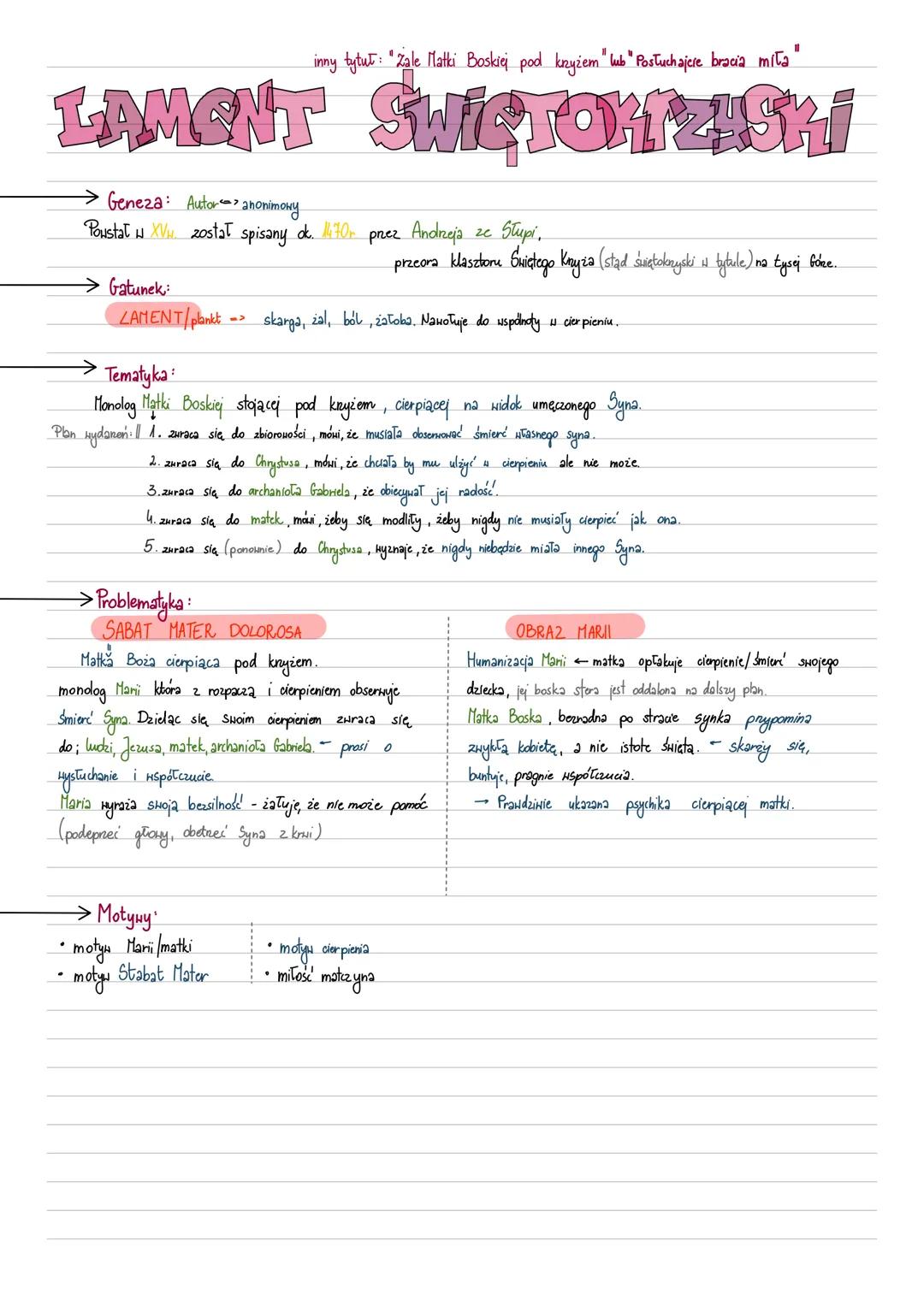 inny tytuł: "Zale Matki Boskiej pod krzyżem " lub "Posłuchajcie bracia mita
LAMENT SWIĘTORTZISKÍ
→ Geneza: Autor>: anonimowy
Powstał w XV. z