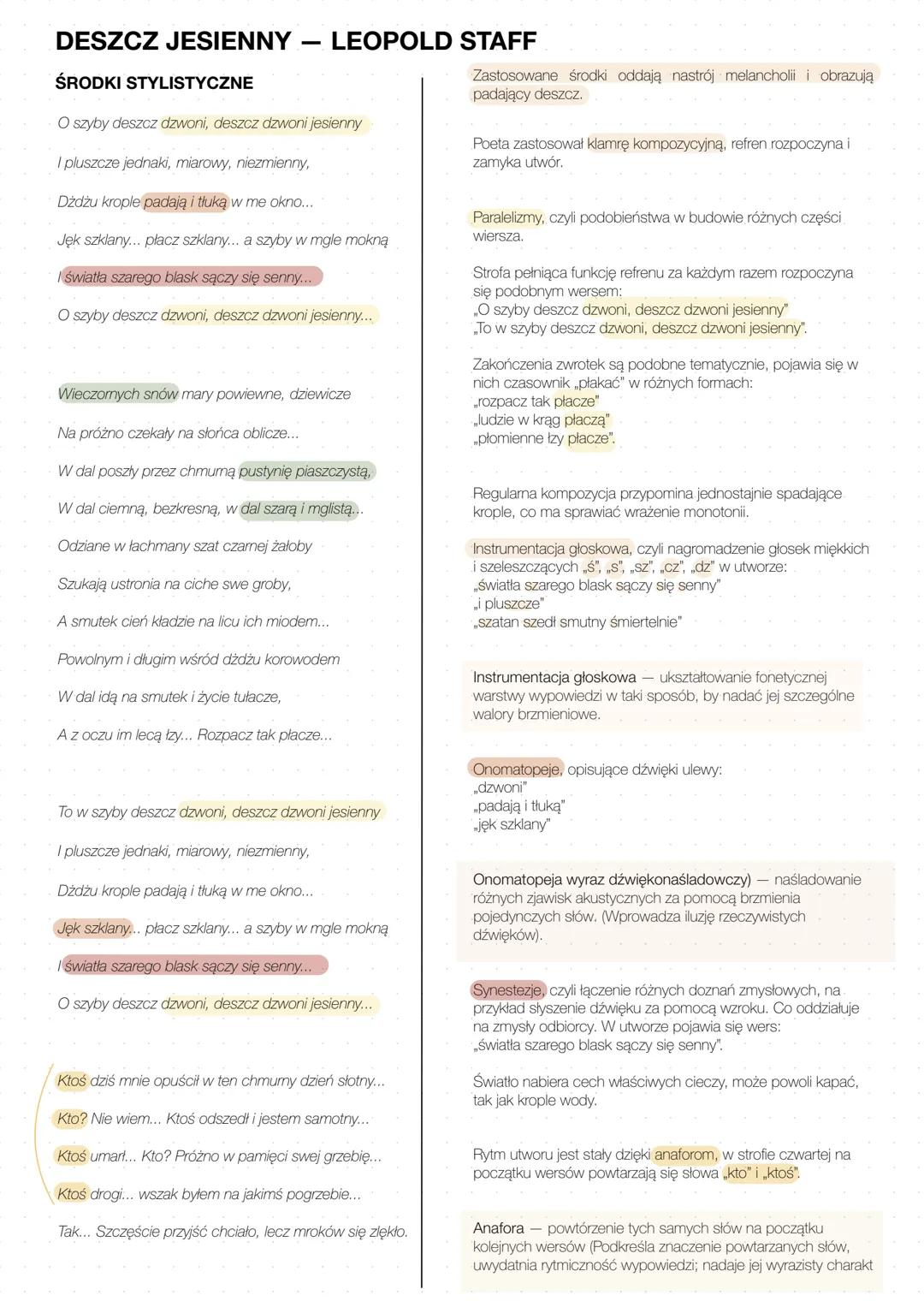 # DESZCZ JESIENNY - LEOPOLD STAFF
ŚRODKI STYLISTYCZNE
O szyby deszcz dzwoni, deszcz dzwoni jesienny
I pluszcze jednaki, miarowy, niezmien