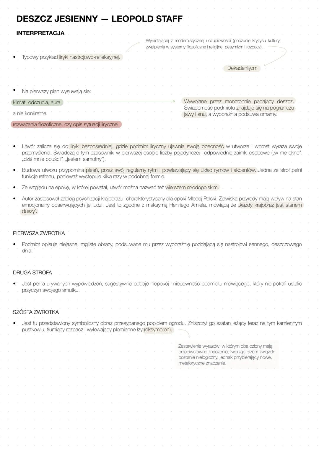 # DESZCZ JESIENNY - LEOPOLD STAFF
ŚRODKI STYLISTYCZNE
O szyby deszcz dzwoni, deszcz dzwoni jesienny
I pluszcze jednaki, miarowy, niezmien