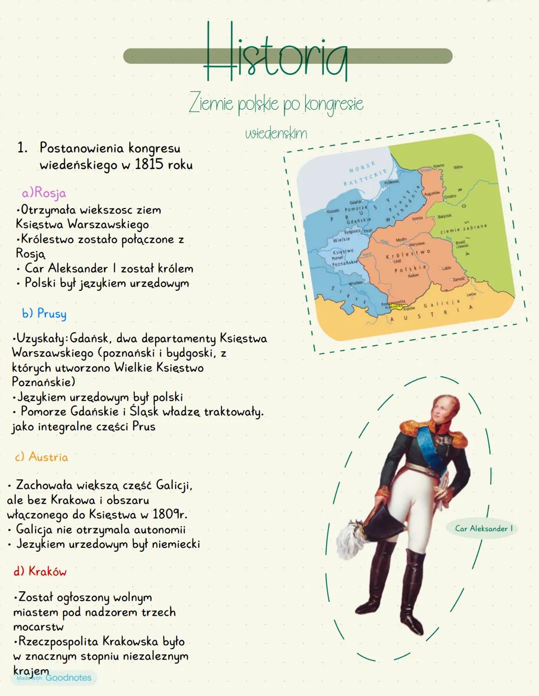 .
.
Historia
1. Postanowienia kongresu
wiedeńskiego w 1815 roku
a) Rosja
•Otrzymała wiekszosc ziem
Księstwa Warszawskiego.
Królestwo zostało