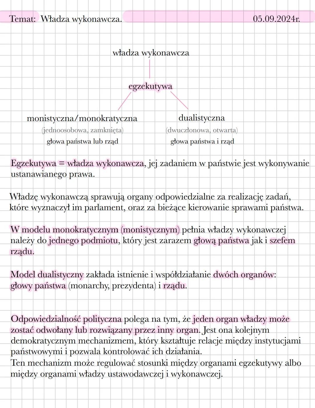 Temat: Władza wykonawcza.
władza wykonawcza
egzekutywa
05.09.2024r.
monistyczna/monokratyczna
(jednoosobowa, zamknięta)
głowa państwa lub rz