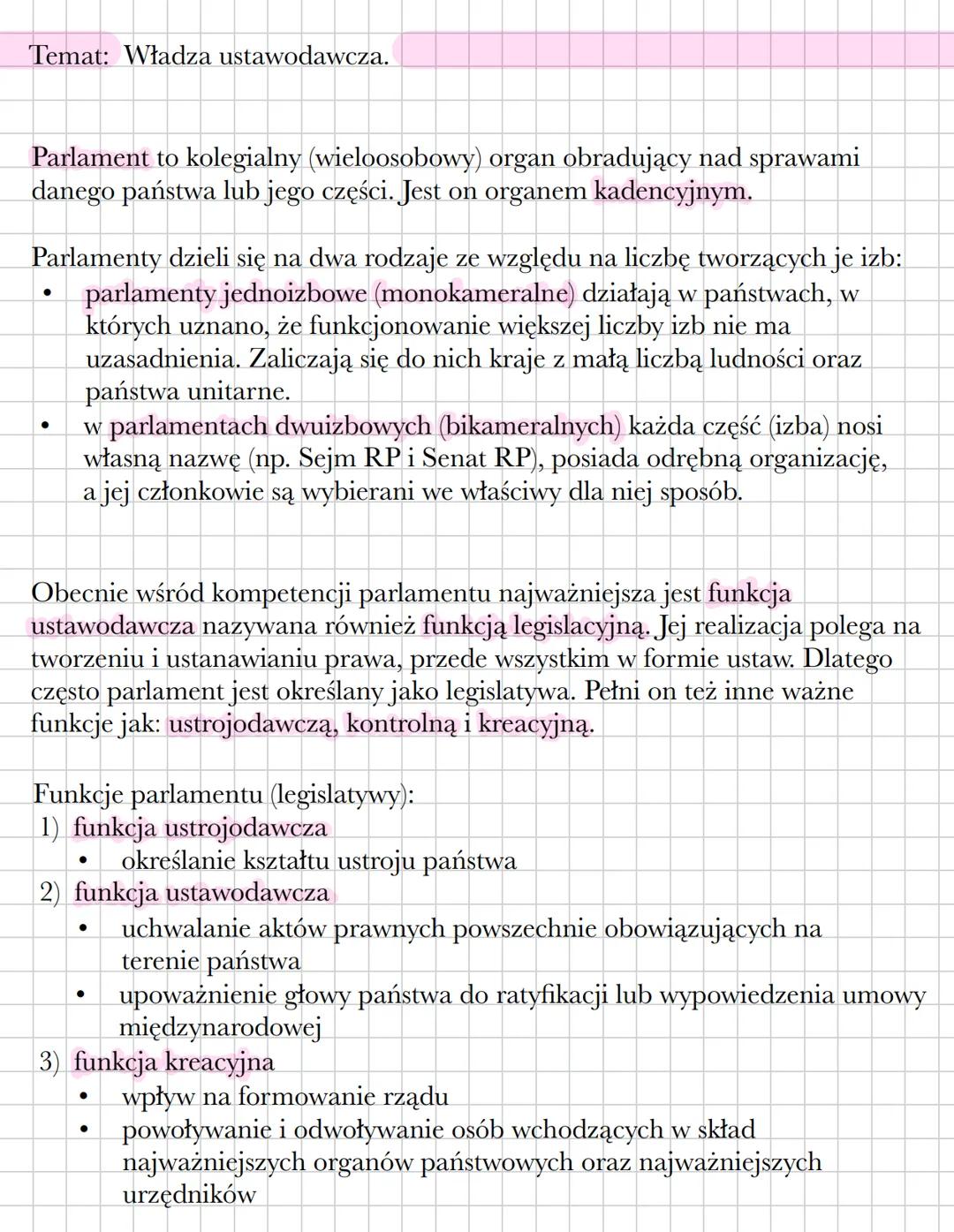 Temat: Władza ustawodawcza.
Parlament to kolegialny (wieloosobowy) organ obradujący nad sprawami
danego państwa lub jego części. Jest on or