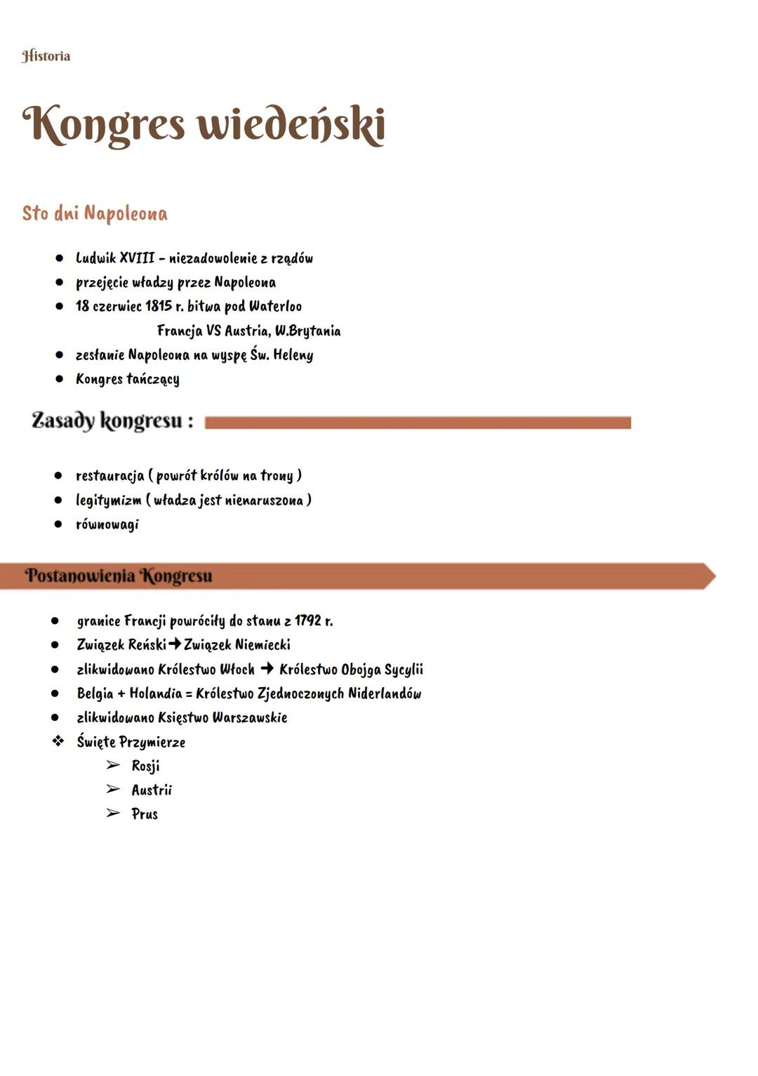 Historia
# Kongres wiedeński
Sto dni Napoleona
*   Ludwik XVIII - niezadowolenie z rządów
*   przejęcie władzy przez Napoleona
*   18 cze