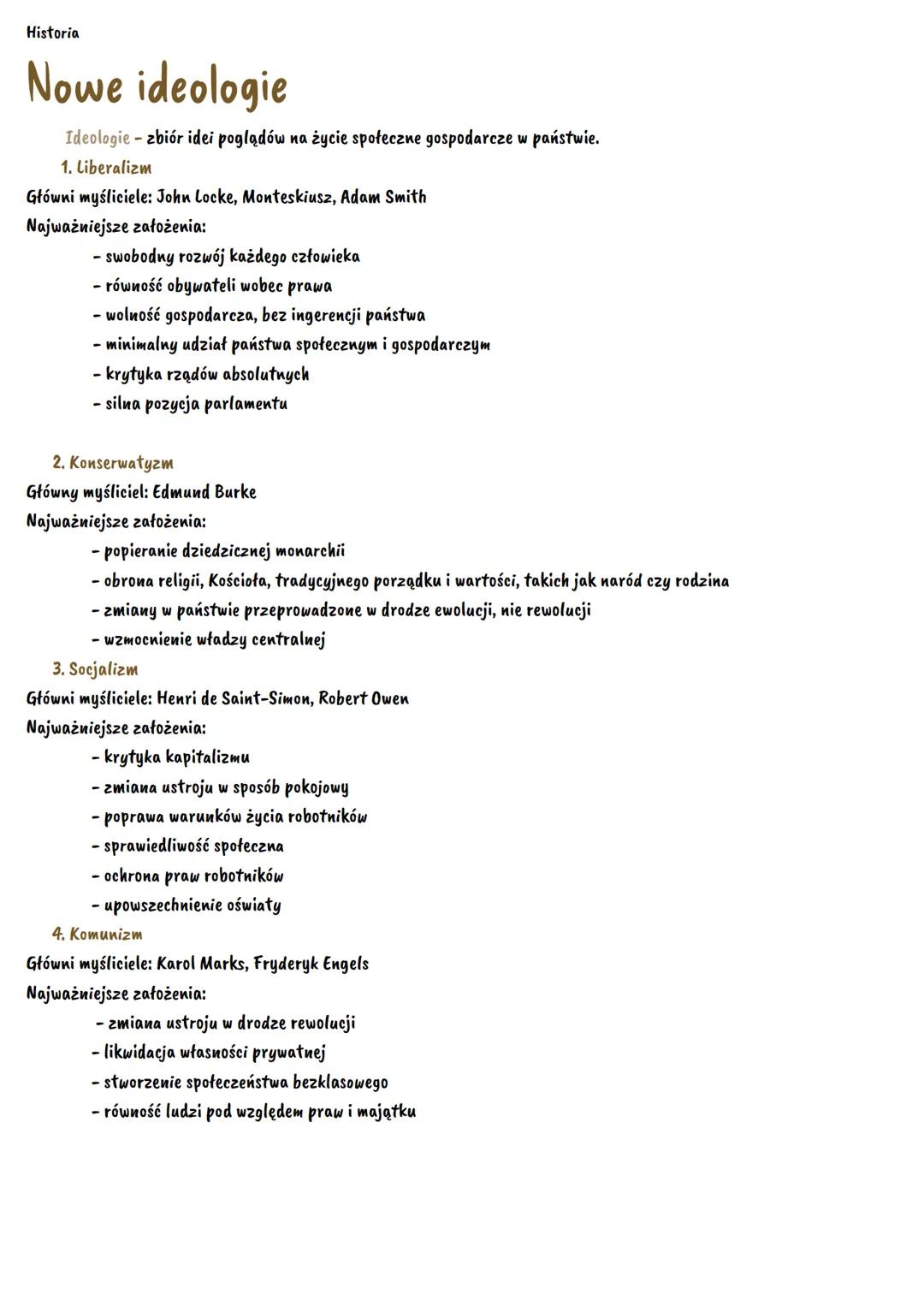 Historia
Nowe ideologie
Ideologie - zbiór idei poglądów na życie społeczne gospodarcze w państwie.
1. Liberalizm
Główni myśliciele: John