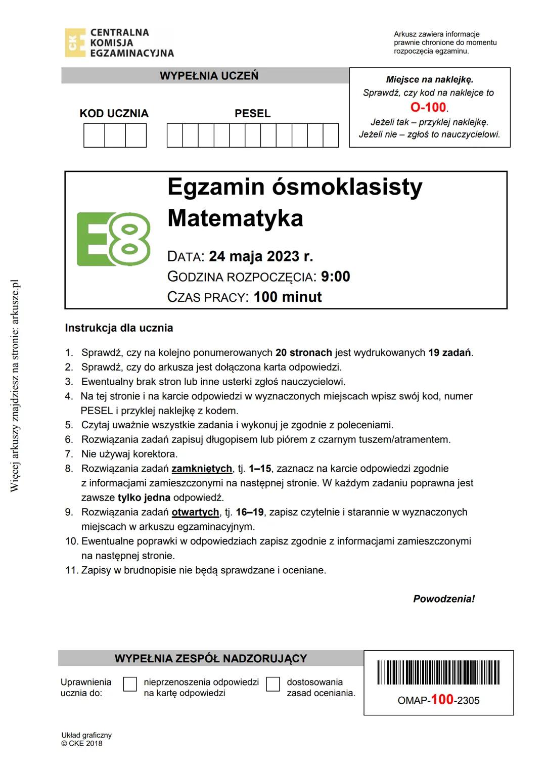 Więcej arkuszy znajdziesz na stronie: arkusze.pl
CENTRALNA
KOMISJA
EGZAMINACYJNA
WYPEŁNIA UCZEŃ
KOD UCZNIA
PESEL
Arkusz zawiera informacje
p
