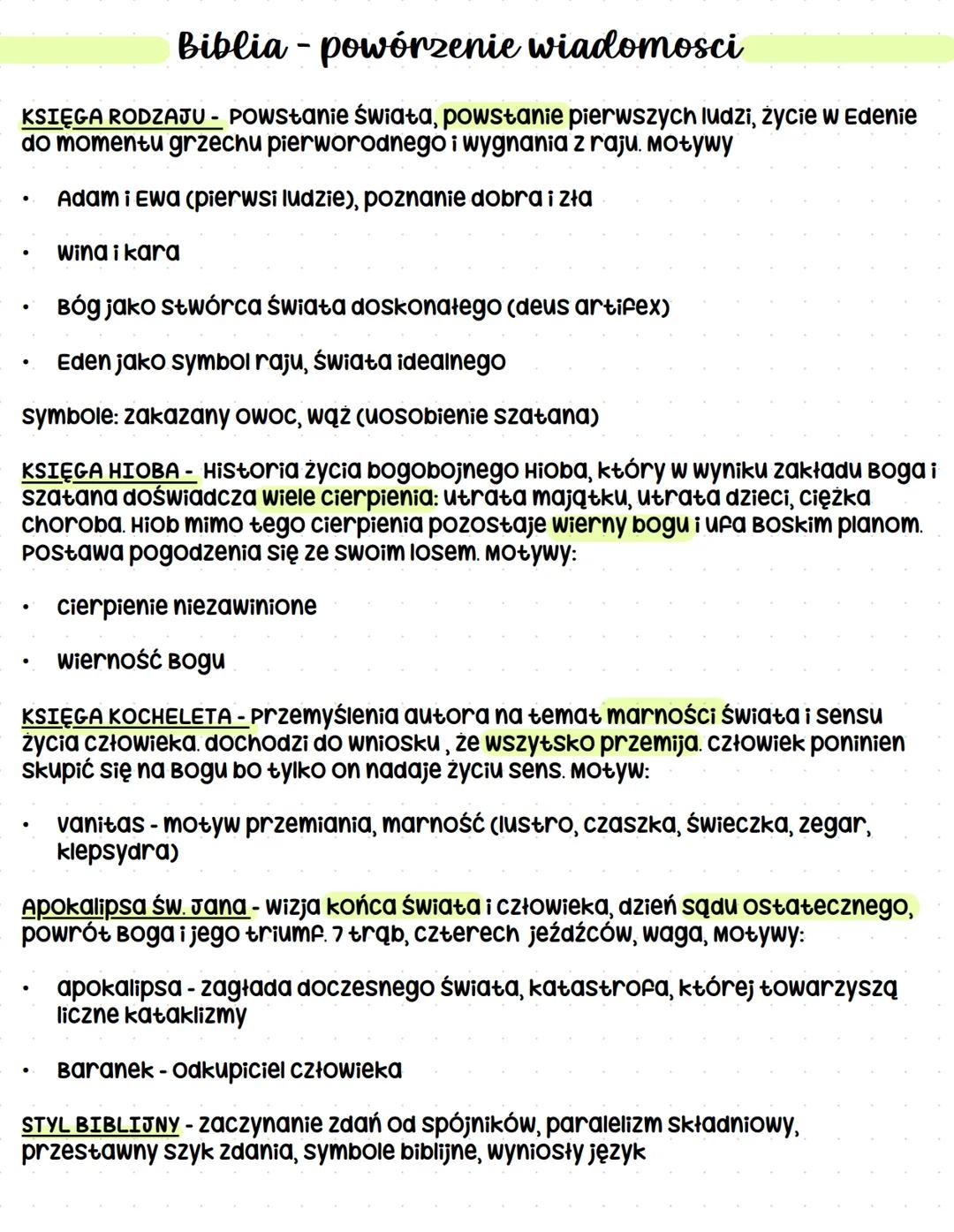 Biblia - powórzenie wiadomosci
KSIĘGA RODZAJU - POWSŁanie Świata, powstanie pierwszych ludzi, życie w Edenie
do momentu grzechu pierworodneg