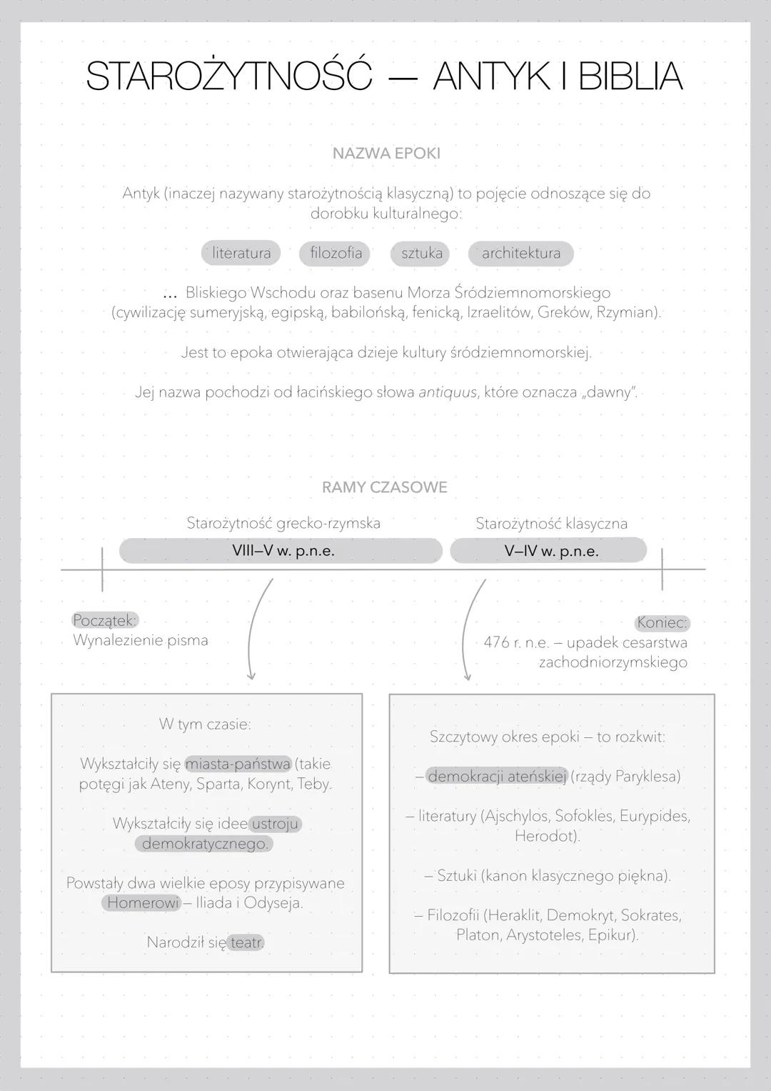 STAROŻYTNOŚĆ – ANTYKI BIBLIA
-
NAZWA EPOKI
Antyk (inaczej nazywany starożytnością klasyczną) to pojęcie odnoszące się do
dorobku kulturalneg