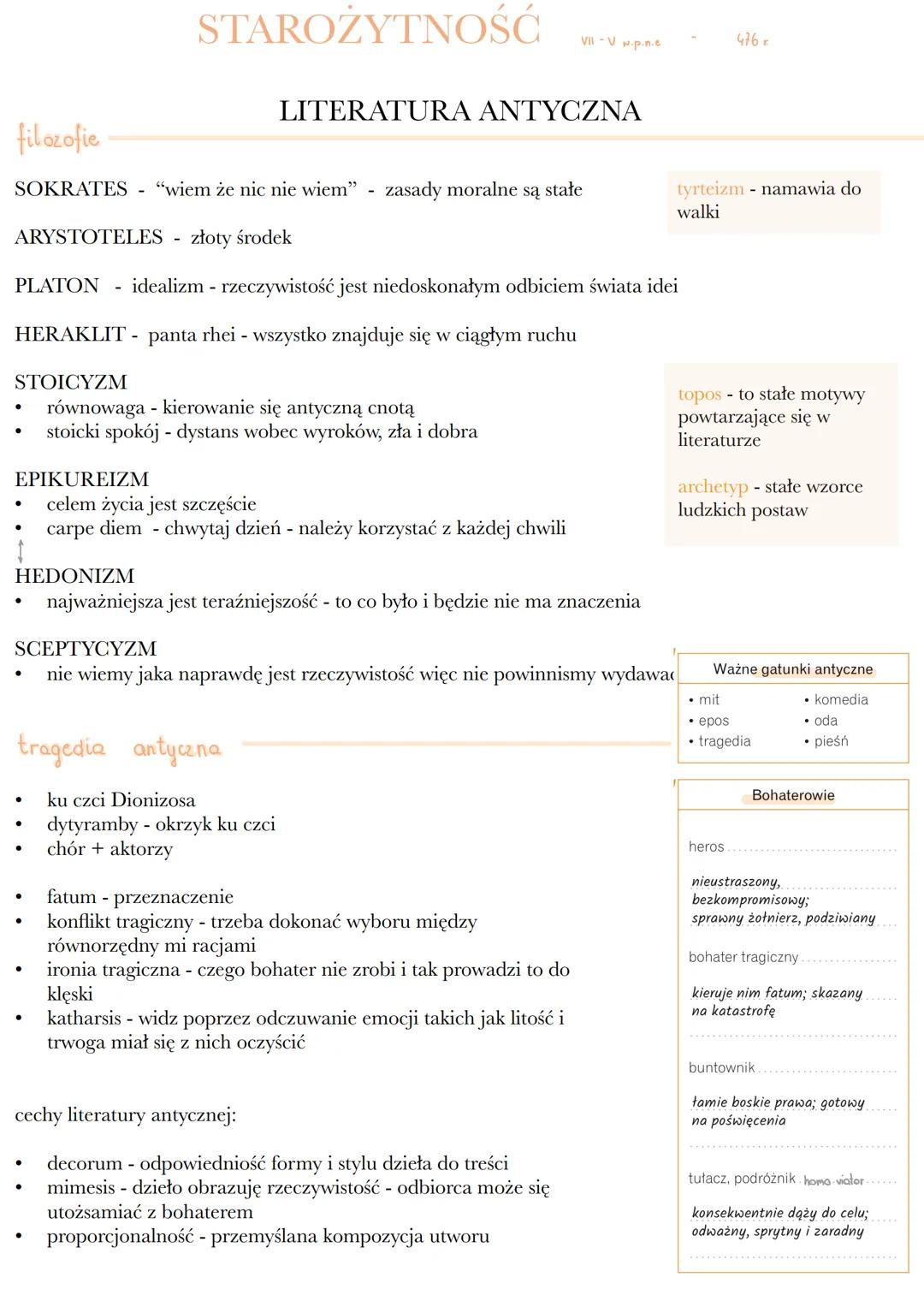 filozofie
STAROŻYTNOŚĆ
476K
VII-V w.p.n.e
LITERATURA ANTYCZNA
SOKRATES - "wiem że nic nie wiem" - zasady moralne są stałe
ARYSTOTELES - złot