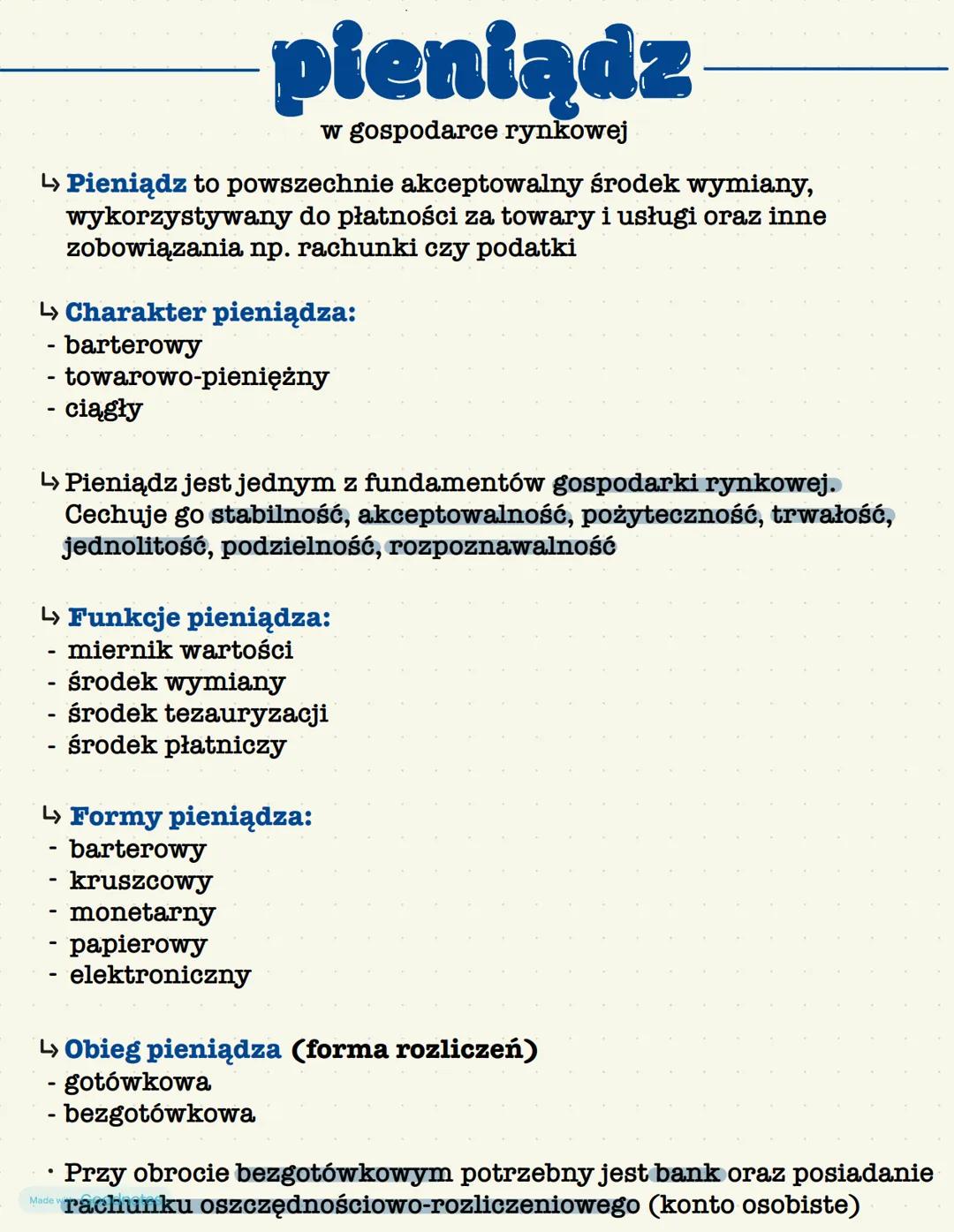 # pieniądz
w gospodarce rynkowej
↳ Pieniądz to powszechnie akceptowalny środek wymiany,
wykorzystywany do płatności za towary i usługi ora