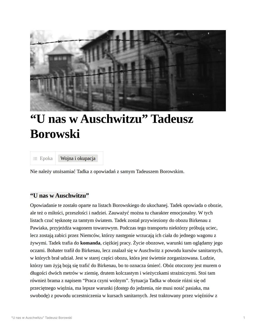 # "U nas w Auschwitzu" Tadeusz
Borowski
Epoka Wojna i okupacja
Nie należy utożsamiać Tadka z opowiadań z samym Tadeuszem Borowskim.
"U na