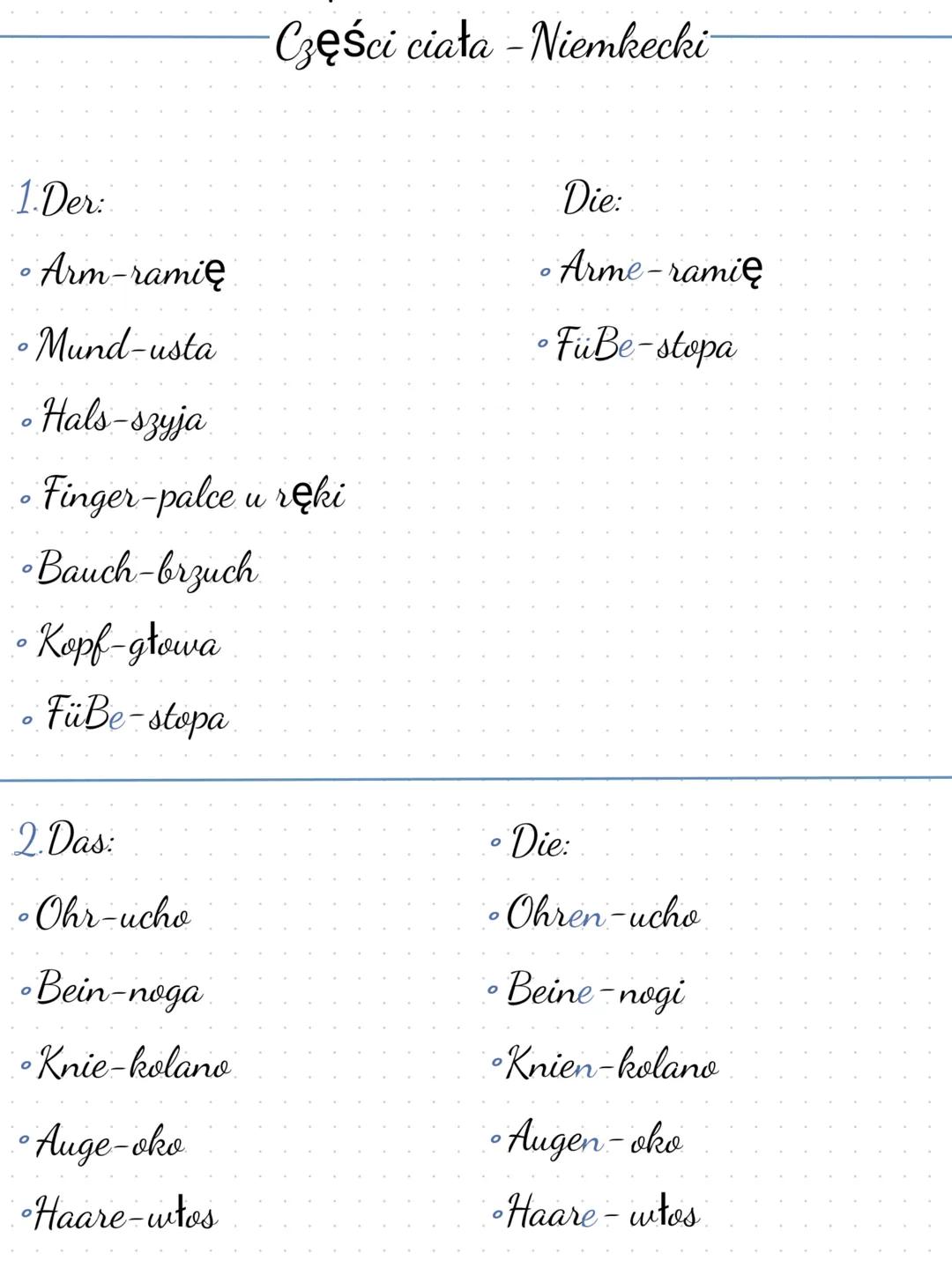 Części ciała - Niemkecki
1.Der:
• Arm-ramię
•Mund-usta
•Hals-szyja
• Finger-palce u ręki
-Bauch-brzuch
• Kopf-głowa
Füße-stopa
2. D