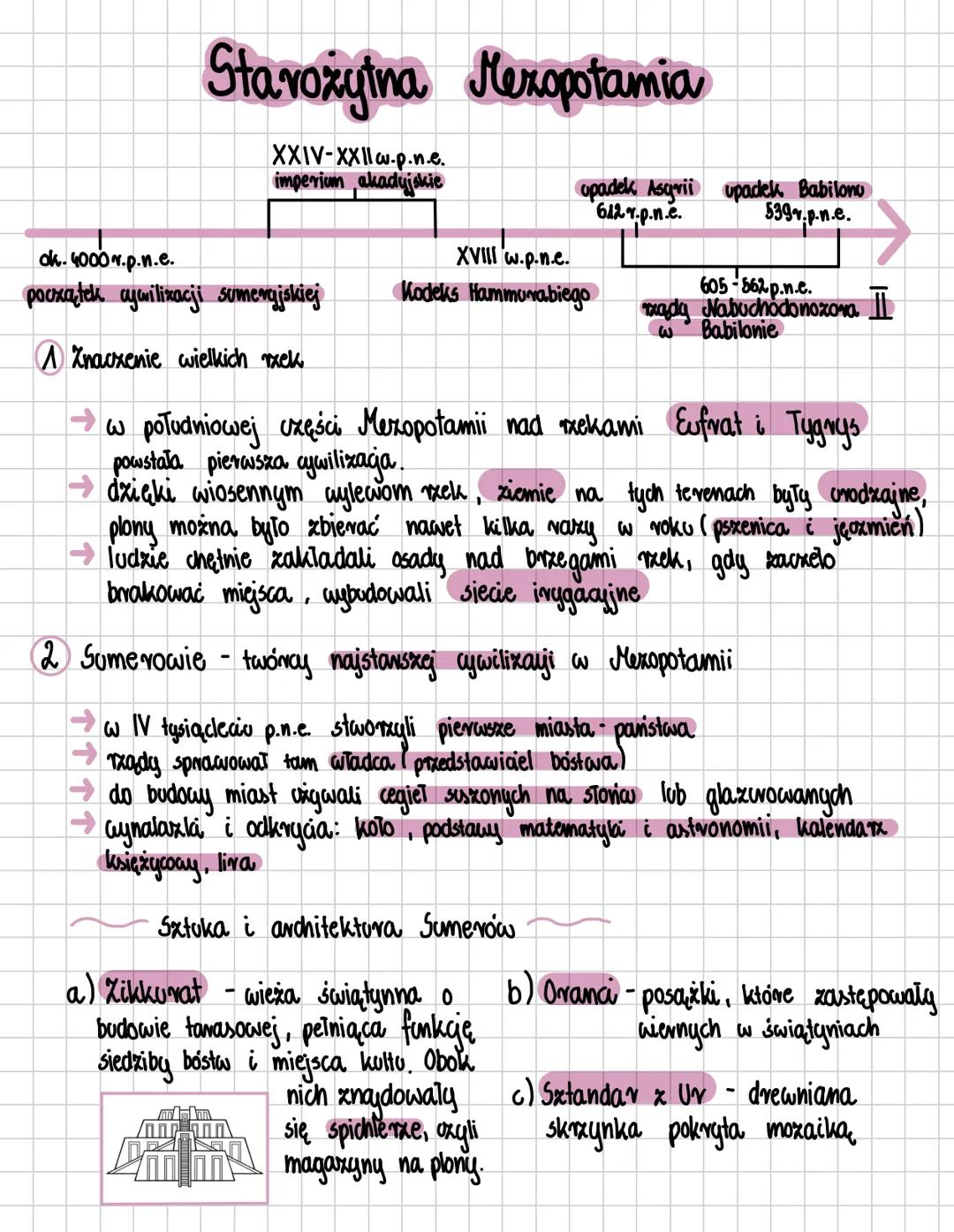Starożytna Mezopotamia
XXIV-XXIIw.p.n.e.
imperium akadyjskie
XVIII w.p.n.e.
ok. 4000.p.n.e.
początek cywilizacji sumerajskiej
Kodeks Hammura