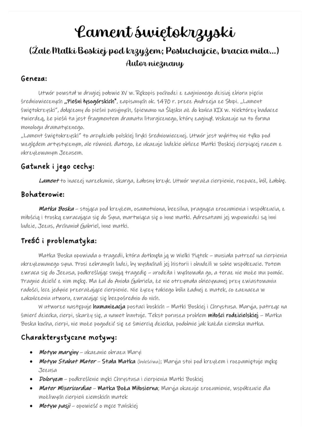 # Lament świętokrzyski
(Žale Matki Boskiej pod krzyżem; Posłuchajcie, bracia mita...)
Autor nieznany
Geneza:
Utwór powstał w drugiej połow