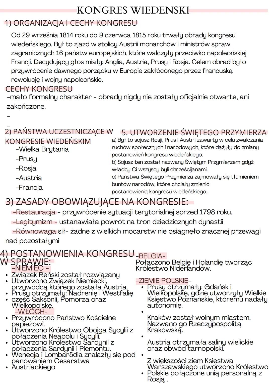 # KONGRES WIEDENSKI
1) ORGANIZACJA I CECHY KONGRESU
Od 29 września 1814 roku do 9 czerwca 1815 roku trwały obrady kongresu
wiedeńskiego. B