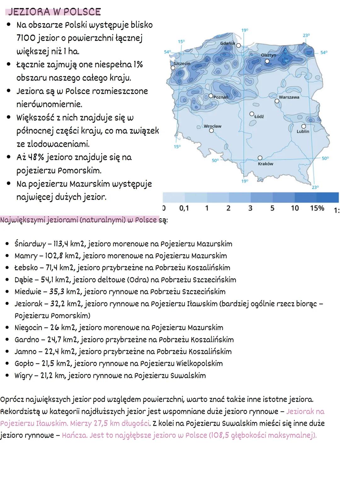 JEZIORA W POLSCE
• Na obszarze Polski występuje blisko
7100 jezior o powierzchni łącznej
większej niż 1 ha.
• Łącznie zajmują one niespełna