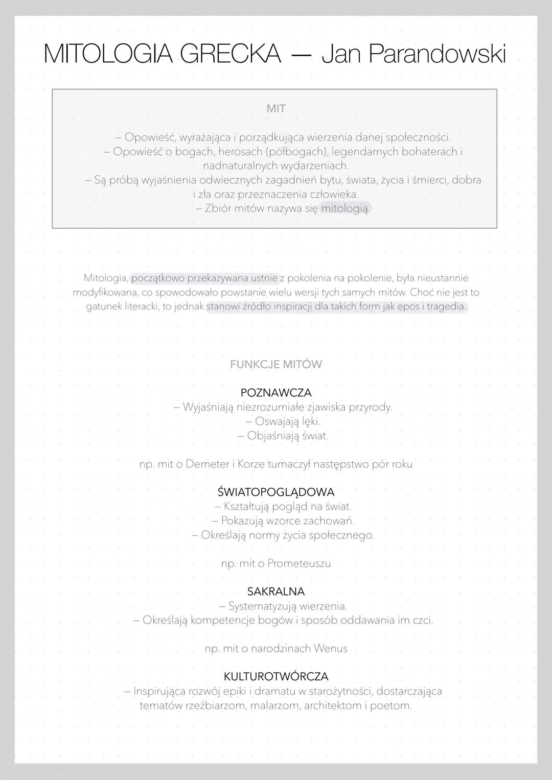 # MITOLOGIA GRECKA - Jan Parandowski
MIT
- Opowieść, wyrażająca i porządkująca wierzenia danej społeczności.
Opowieść o bogach, herosach (