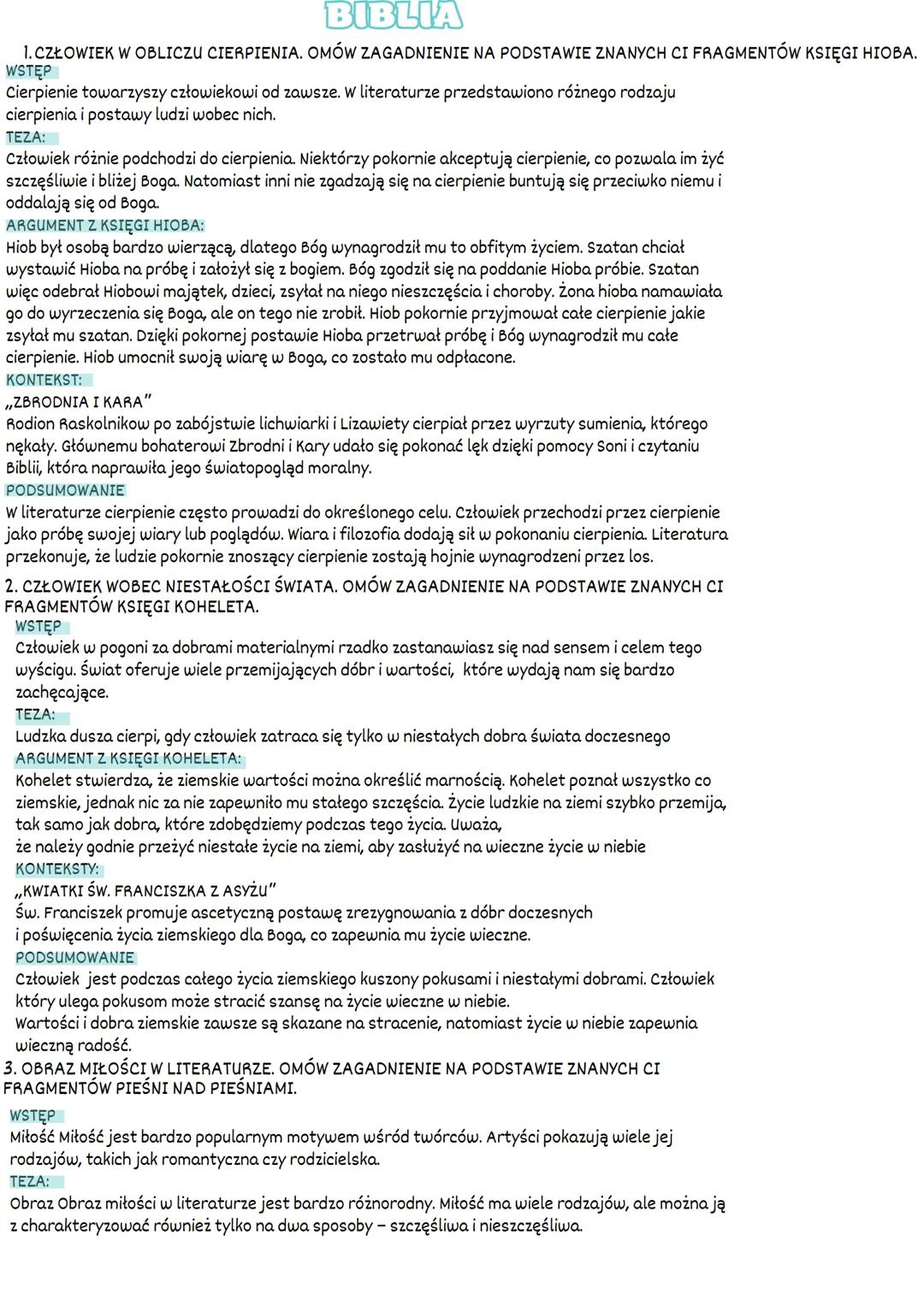 # BIBLIA
1. CZŁOWIEK W OBLICZU CIERPIENIA. OMÓW ZAGADNIENIE NA PODSTAWIE ZNANYCH CI FRAGMENTÓW KSIĘGI HIOBA.
WSTĘP
Cierpienie towarzyszy cz