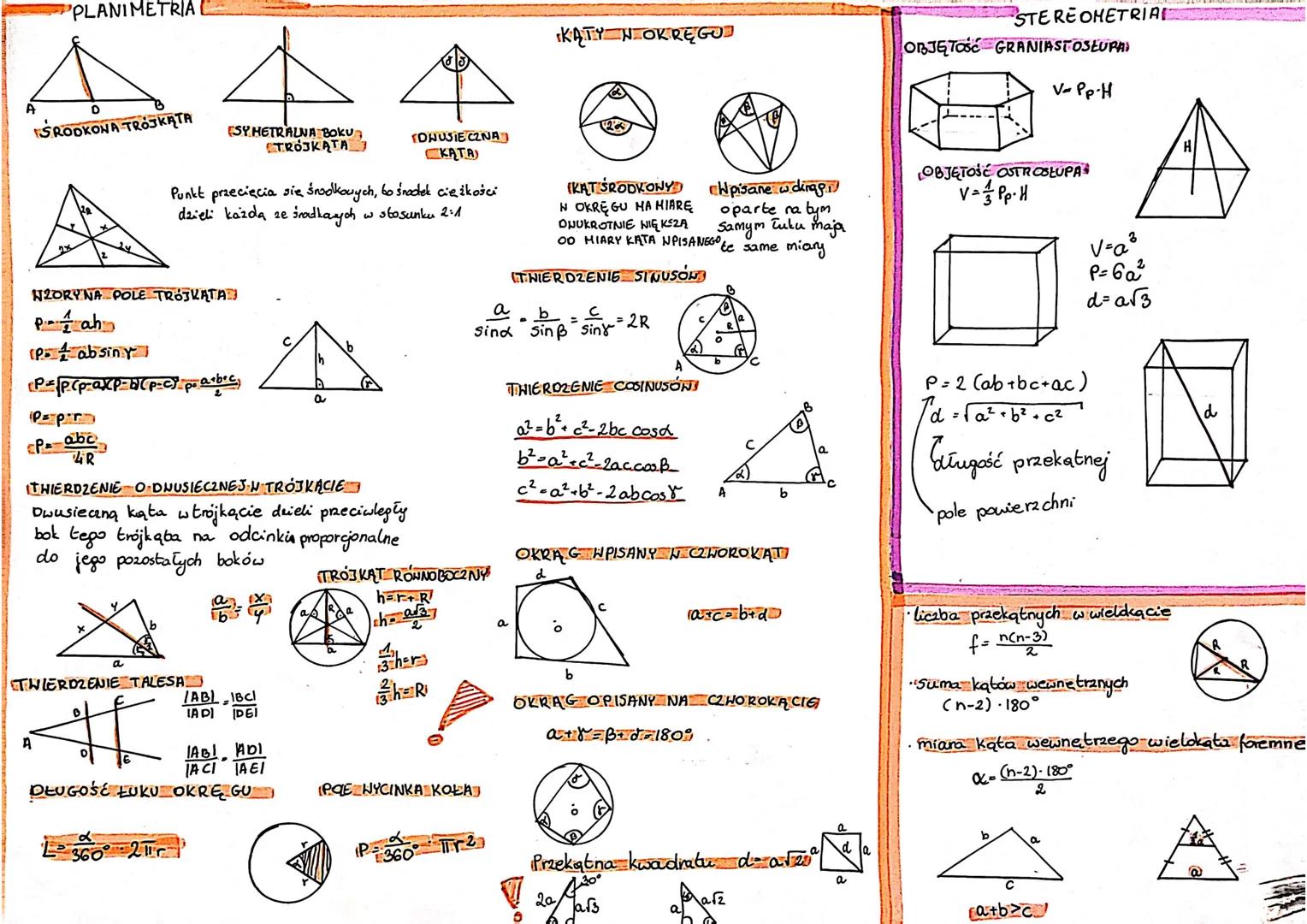 # PLANIMETRIA
A
ŚRODKONA TROJKĄTA
SY HETRALNA BOKU
TRÓJKĄTA
TOHUSIECZNA
KATA)
KATY NOKRĘGO
Punkt przecięcia się śroolkowych, bo środek