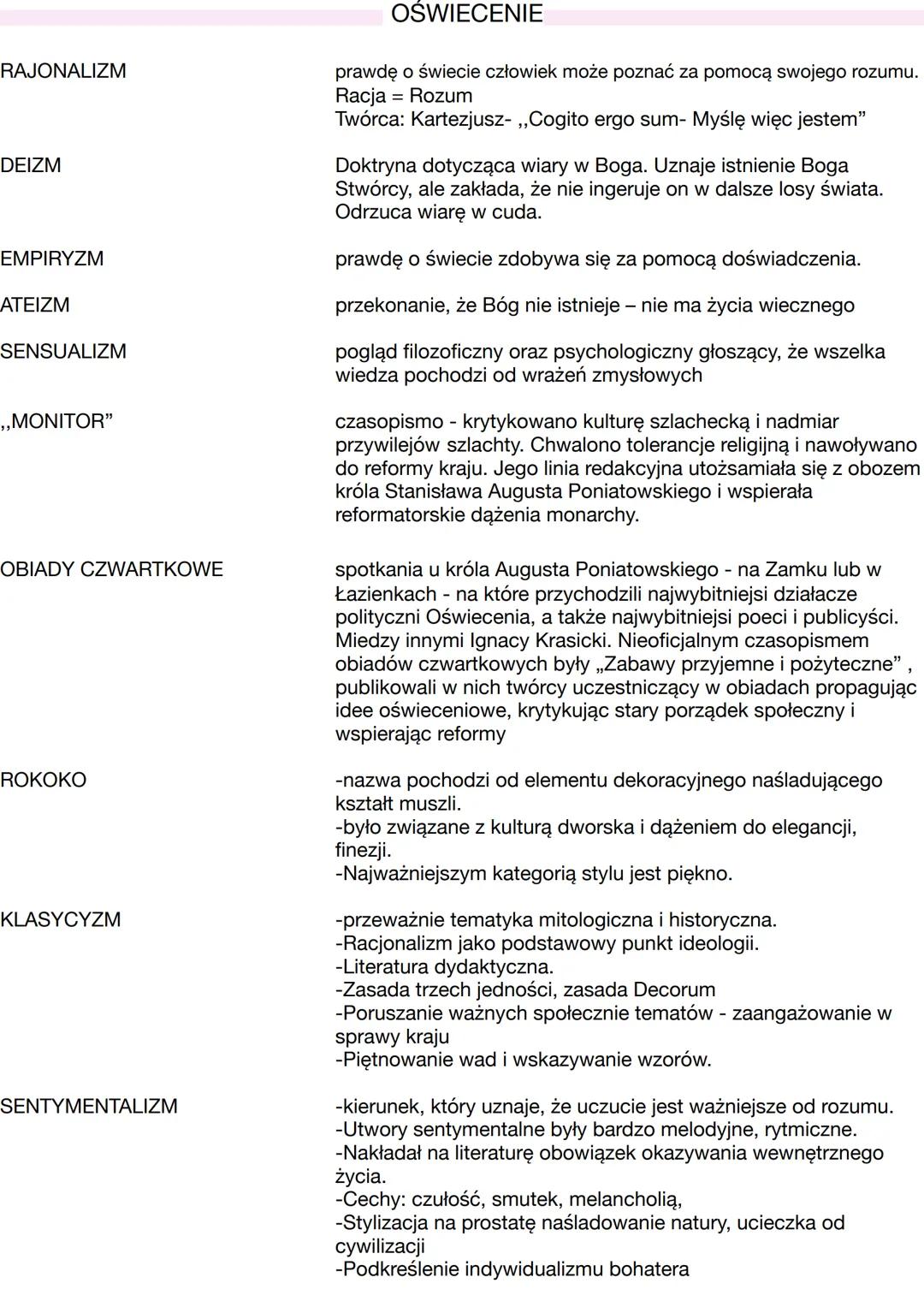 RAJONALIZM
DEIZM
EMPIRYZM
ATEIZM
SENSUALIZM
,,MONITOR"
OBIADY CZWARTKOWE
ROKOKO
KLASYCYZM
SENTYMENTALIZM
OŚWIECENIE
prawdę o świecie człowie