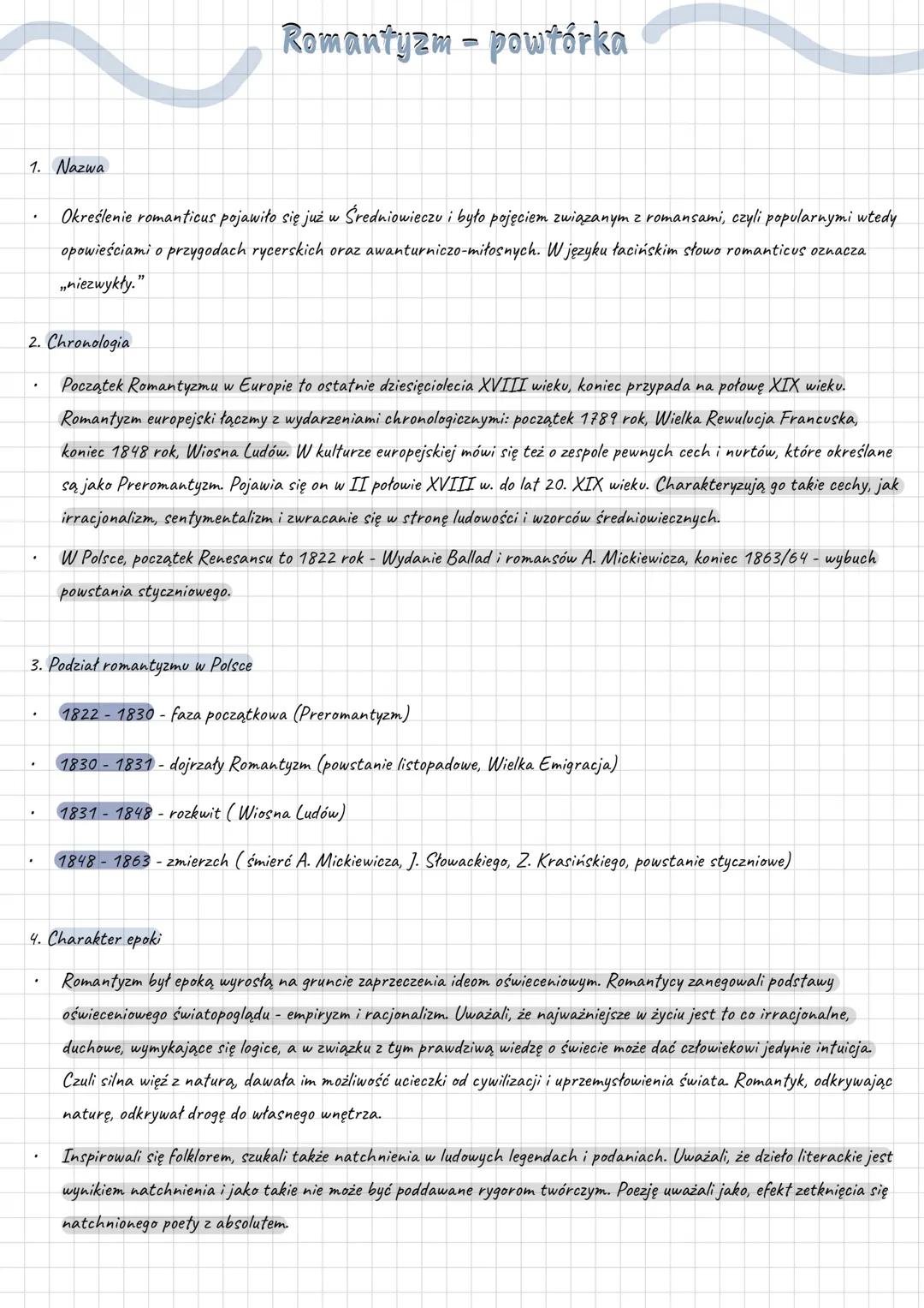 # Romantyzm - powtórka
1. Nazwa
* Określenie *romanticus* pojawiło się już w Średniowieczu i było pojęciem związanym z romansami, czyli