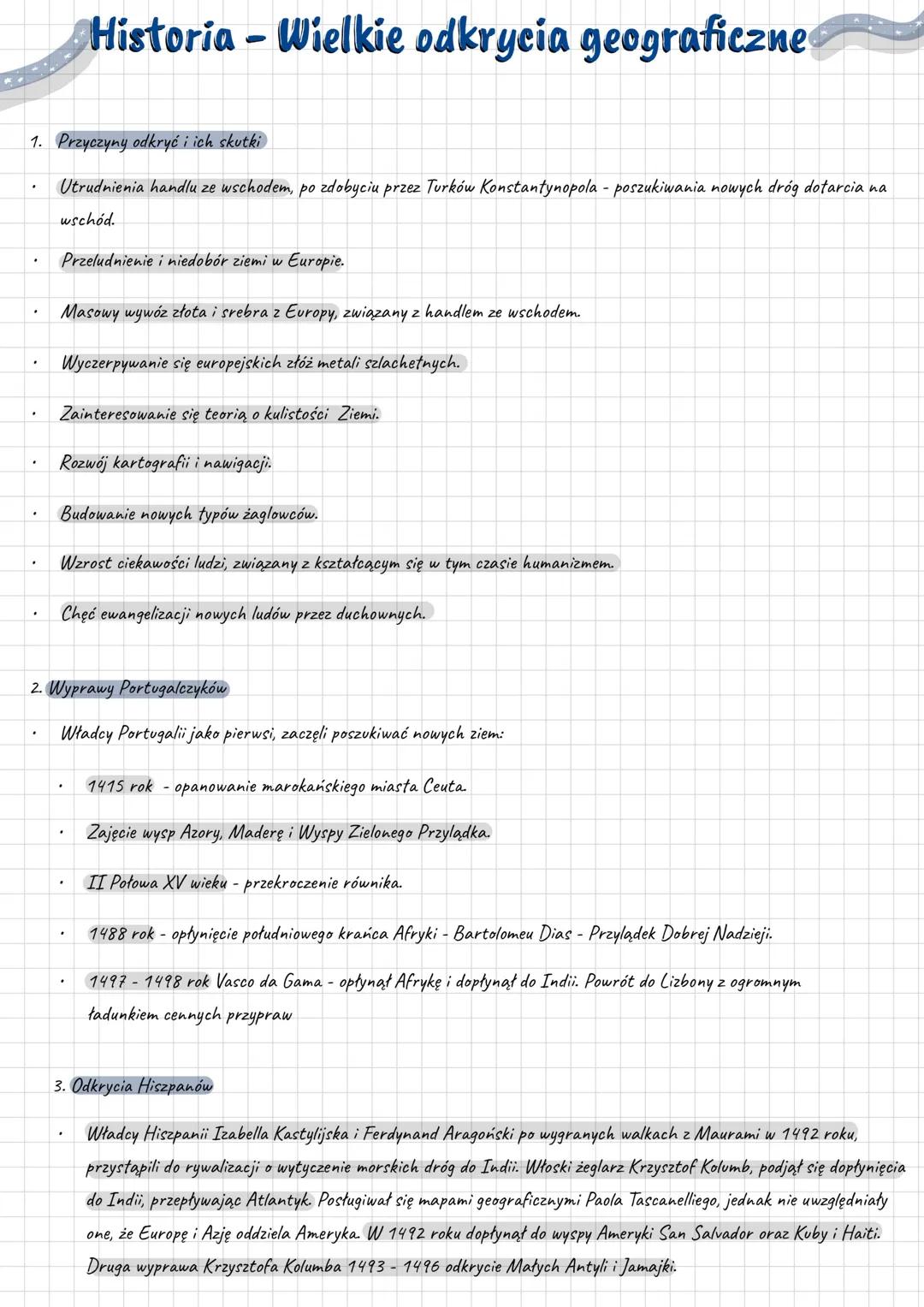 Historia - Wielkie odkrycia geograficzne
1. Przyczyny odkryć i ich skutki
.
Utrudnienia handlu ze wschodem, po zdobyciu przez Turków Konstan