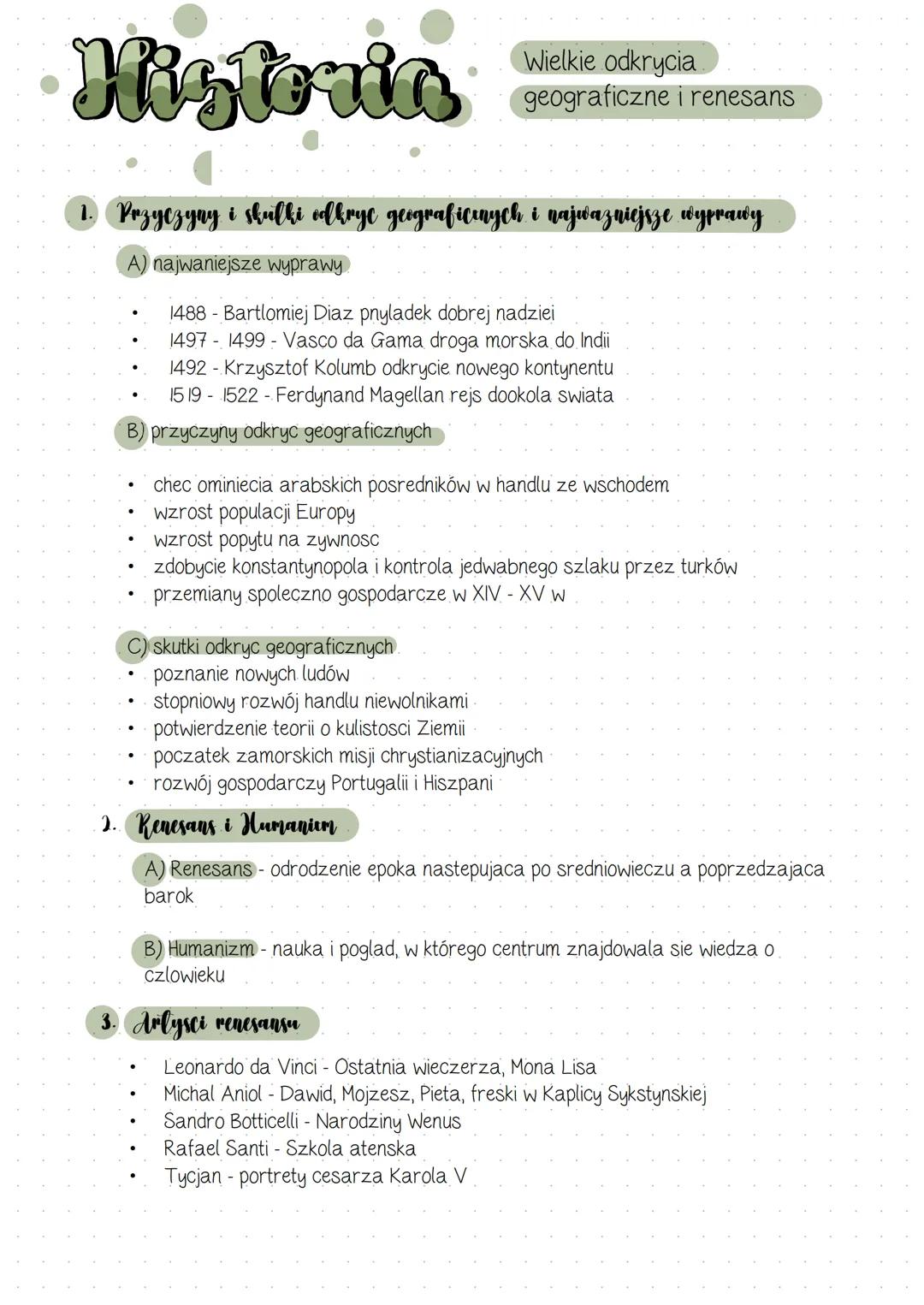 # Historia
Wielkie odkrycia
geograficzne i renesans
1. Przyczyny i skulki odkrye geograficznych i najwazniejsze wyprawy
A) najwaniejsze w