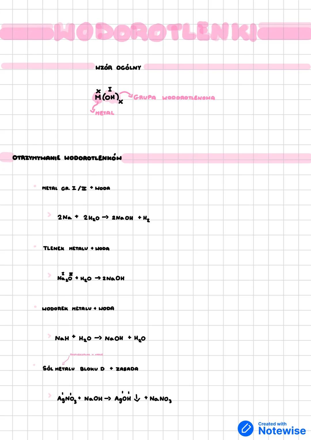 SHODOROTLENKI
WZÓR OGÓLNY
I
M(OH) GRUPA WODOROTLENOHA
METAL
OTRZYMYWANIE WODOROTLENKÓW
METAL GR. I/I + WODA
2Na + 2H₂O -> 2NaOH + H₂
TLENEK
