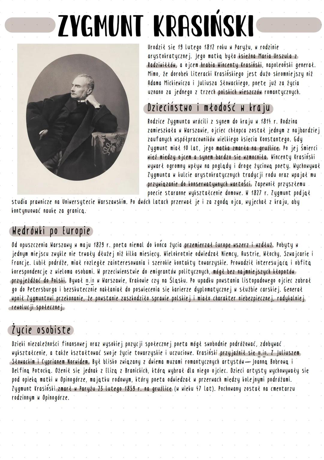 ZYGMUNT KRASIŃSKI
Urodził się 19 lutego 1812 roku w Paryżu, w rodzinie
arystokratycznej. Jego matka była księżna Maria Urszula z
Radziwiłłów
