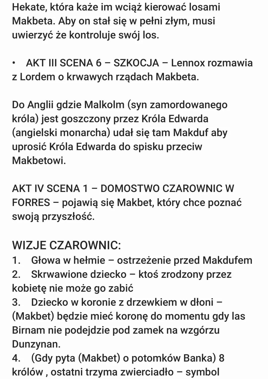 MAKBET - OMÓWIENE LEKTURY
SZCZEGÓŁY ISTOTNE!!!:
•
•
MAKDONWALD - zdrajca
MALKOLM - uciekł do Anglii, najstarszy syn
Dunkana
.
•
DONALBEIN -
