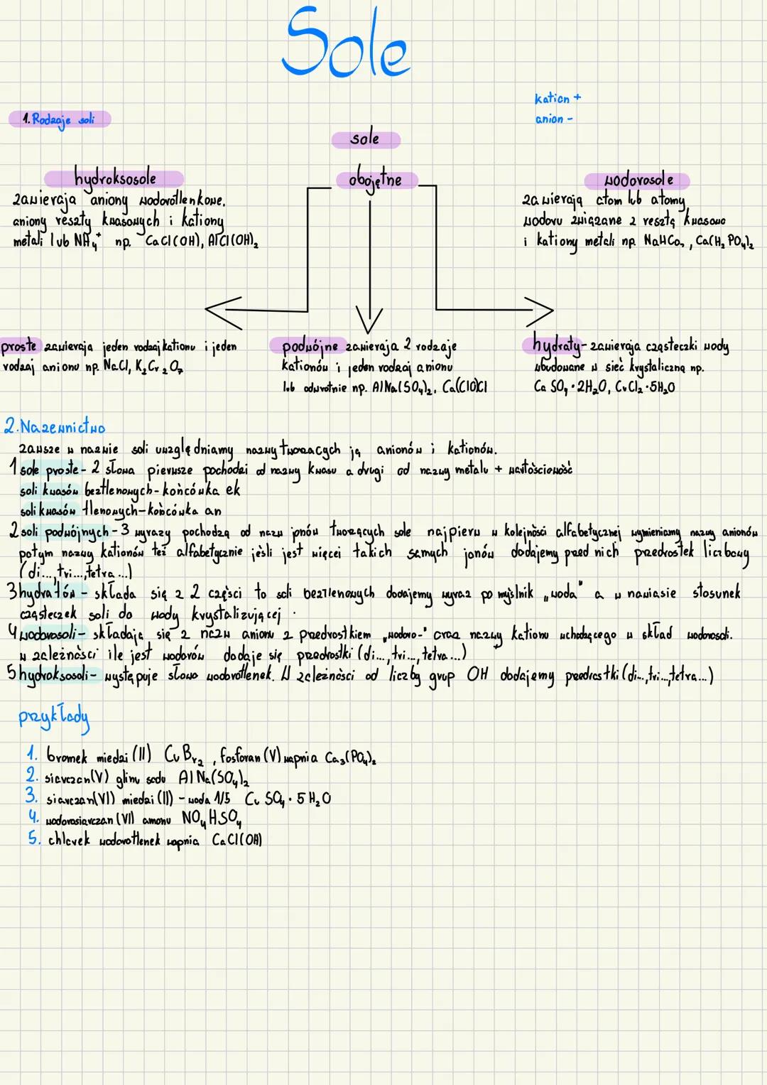 # Sole
1. Rodaaje soli
hydroksosole
zawieraja aniony wodorotllen kowe.
aniony reszty kwasowych i kationy
metali lub NA np. CaCI (OH), AICI
