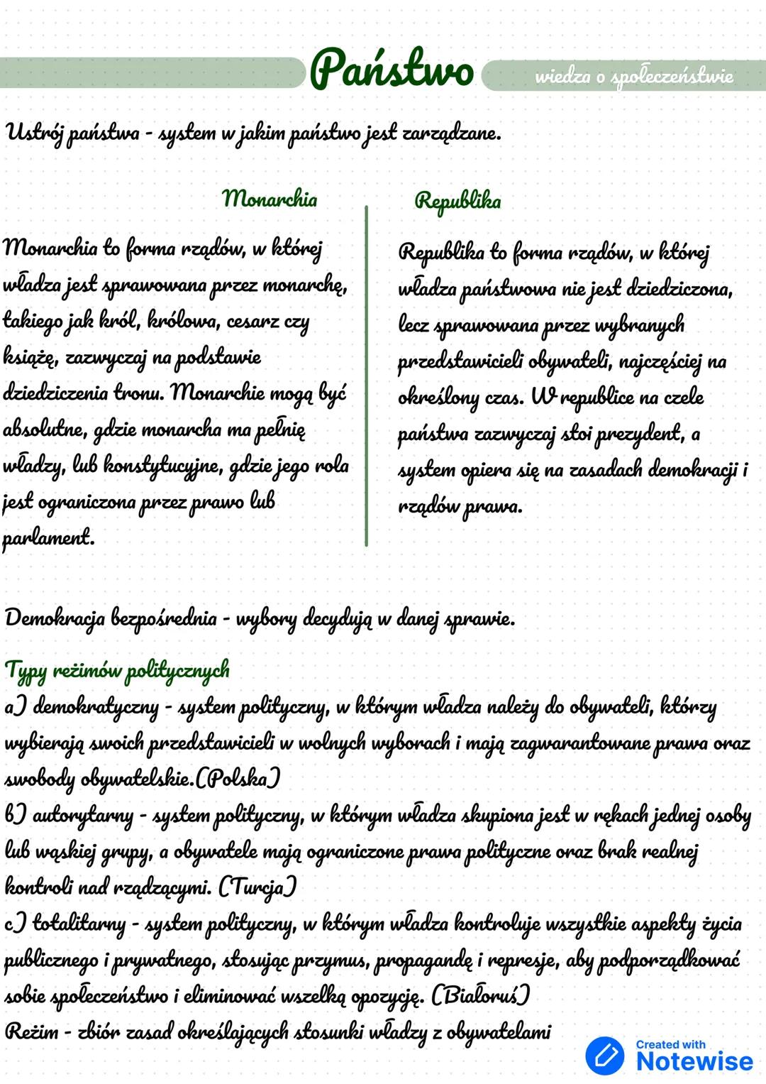 Państwo
Ustrój państwa - system w jakim państwo jest zarządzane.
Monarchia
monarchia to forma rządów, w której
władza jest sprawowana przez