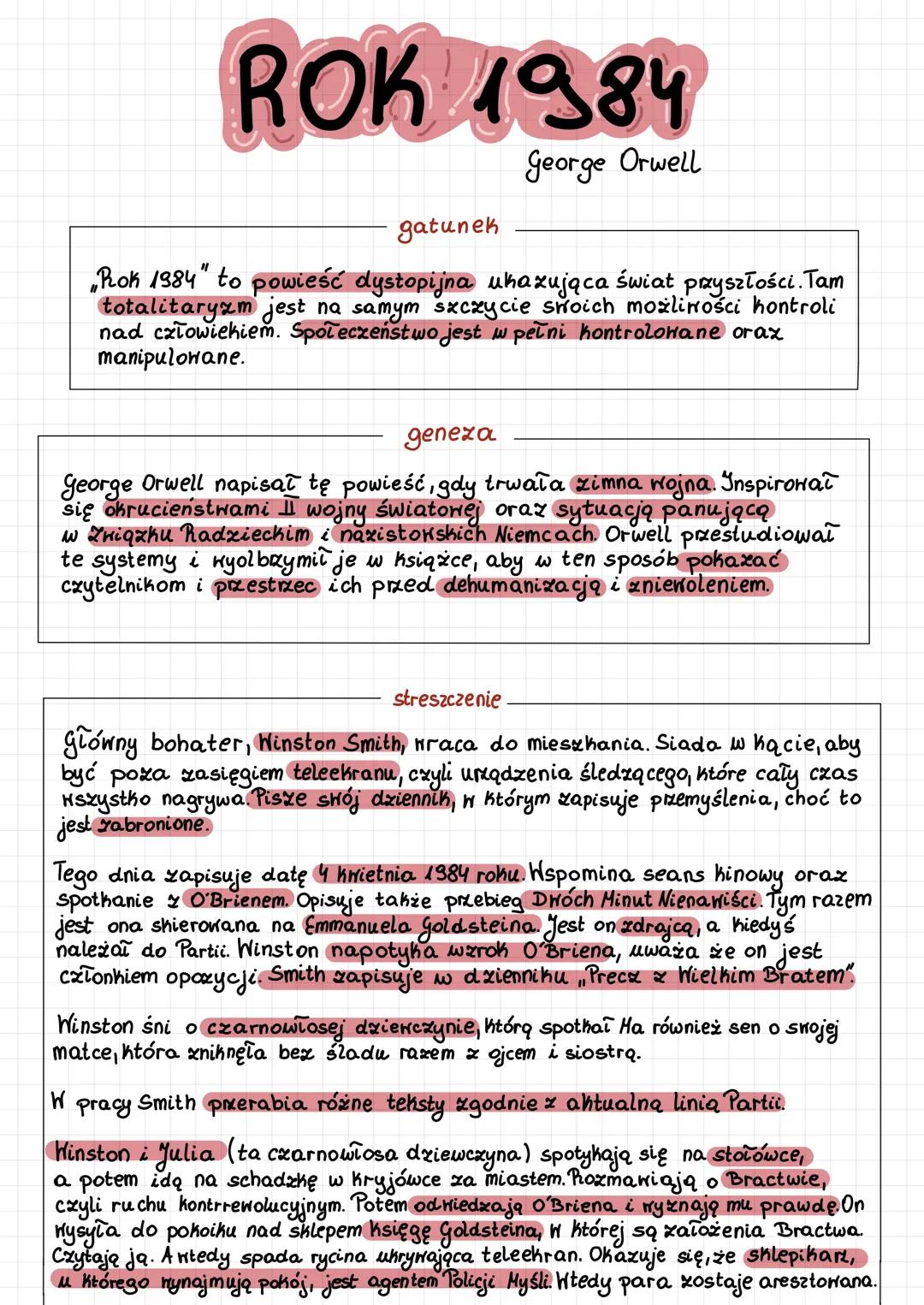 # ROK 1984
George Orwell
gatunek
„Rok 1984" to powieść dystopijna ukazująca świat przyszłości. Tam
totalitaryzm jest na samym szczycie swo
