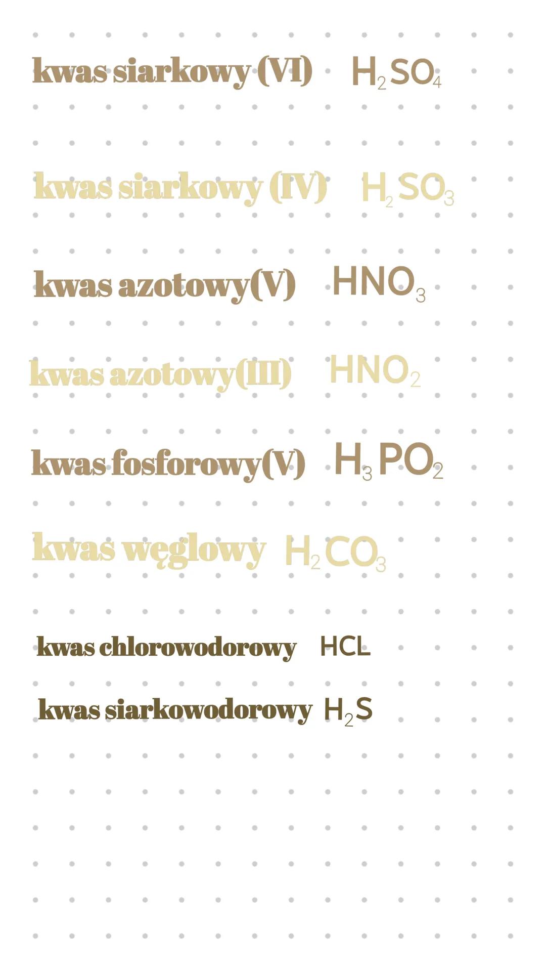 # Kwasy chemia
kwasy
kwasy organiczne
kwasy nieorganiczne
kwasy beztlenowe
np.H$_2$ S
kwasy tlenowe
np.H$_2$ SO$_3$
Ogólny wzór kwasów