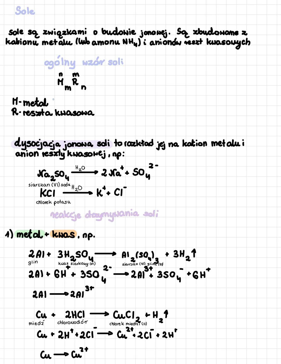 Sole
Sole są związkami o budowie jonowej. Są zbudowane z
kabionu metalu (lub amonu NH₁) i anionów reszt kwasowych
ogólny wzór soli
m
MR
m
M-