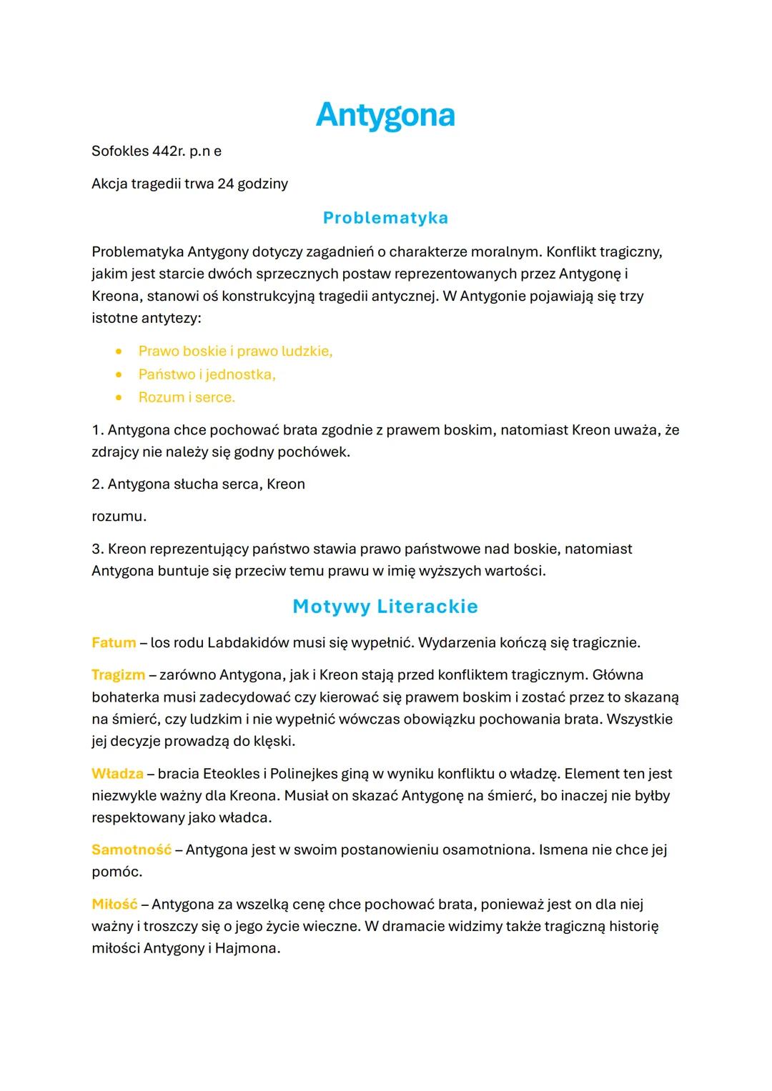Sofokles 442r. p.n e
Akcja tragedii trwa 24 godziny
# Antygona
## Problematyka
Problematyka Antygony dotyczy zagadnień o charakterze mor
