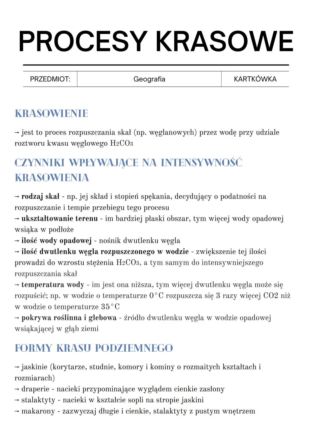PROCESY KRASOWE
PRZEDMIOT:
Geografia
KARTKÓWKA
KRASOWIENIE
→ jest to proces rozpuszczania skał (np. węglanowych) przez wodę przy udziale
roz