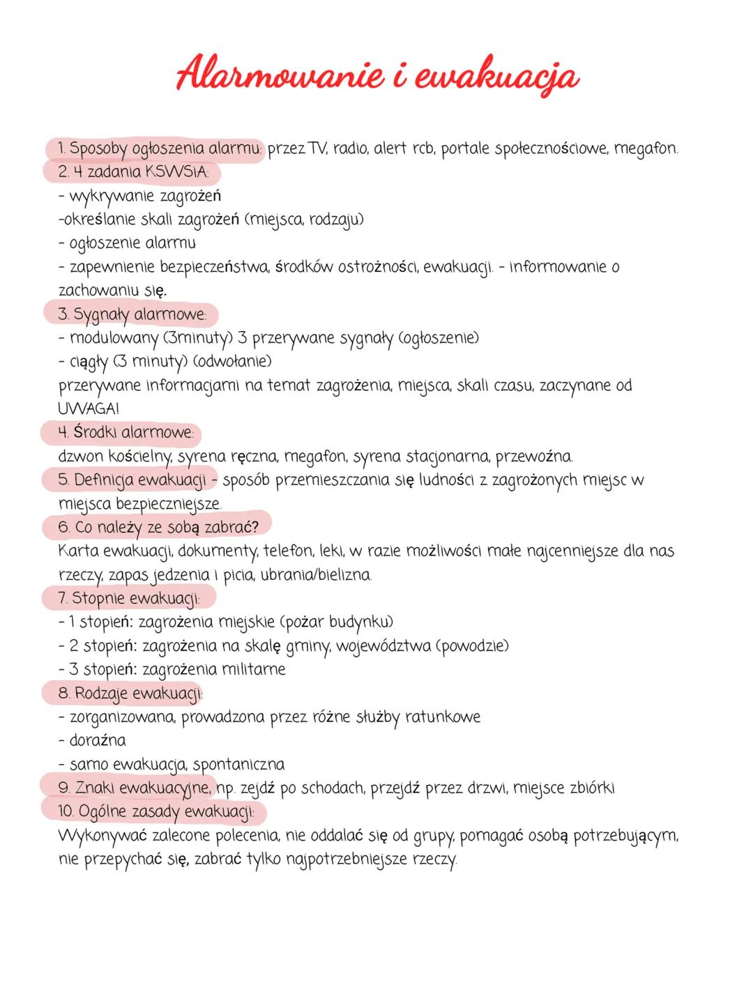 # Alarmowanie i ewakuacja
1. Sposoby ogłoszenia alarmu: przez TV, radio, alert rcb, portale społecznościowe, megafon.
2. 4 zadania KSWSIA: