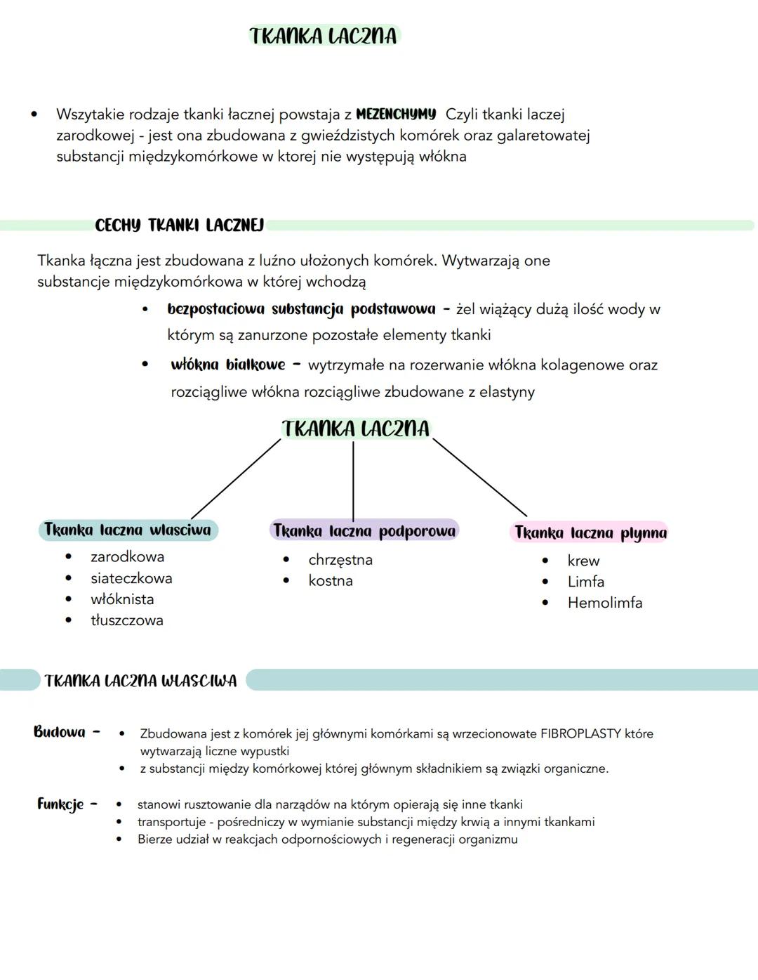 TKANKA LACZNA
Wszytakie rodzaje tkanki łacznej powstaja z MEZENCHYMY Czyli tkanki laczej
zarodkowej - jest ona zbudowana z gwieździstych kom