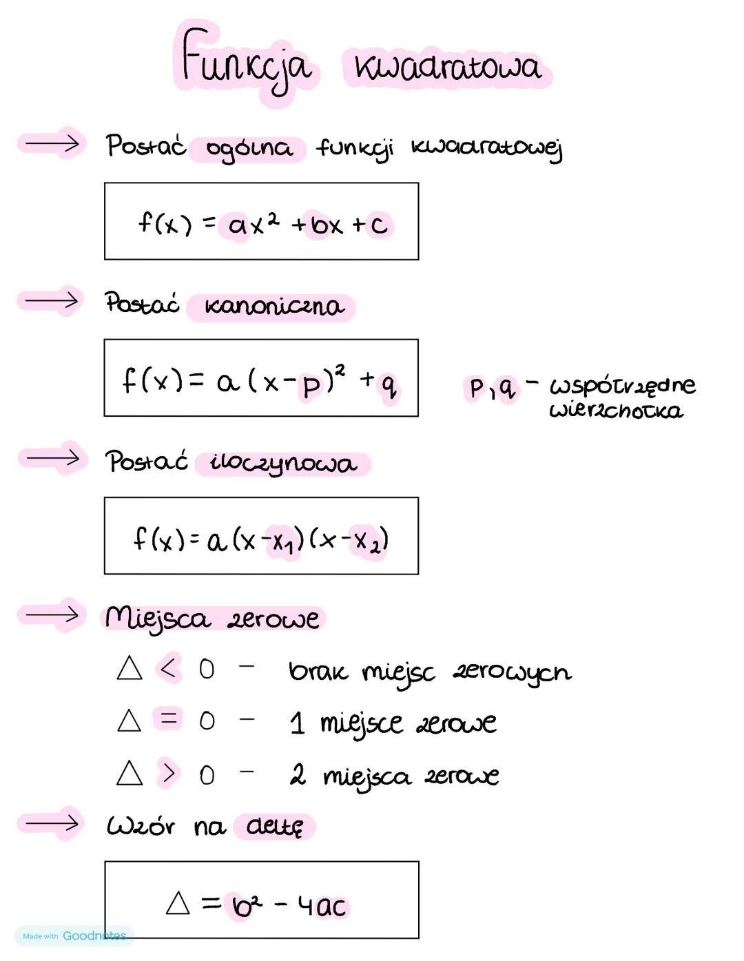 # Funkcja kwadratowa
Postać ogólna funkcji kwadratowej
$f(x) = ax2 + bx + c$
Postać kanoniczna
$f(x)=a(x-p)² + q$
Postać iloczynowa
$f