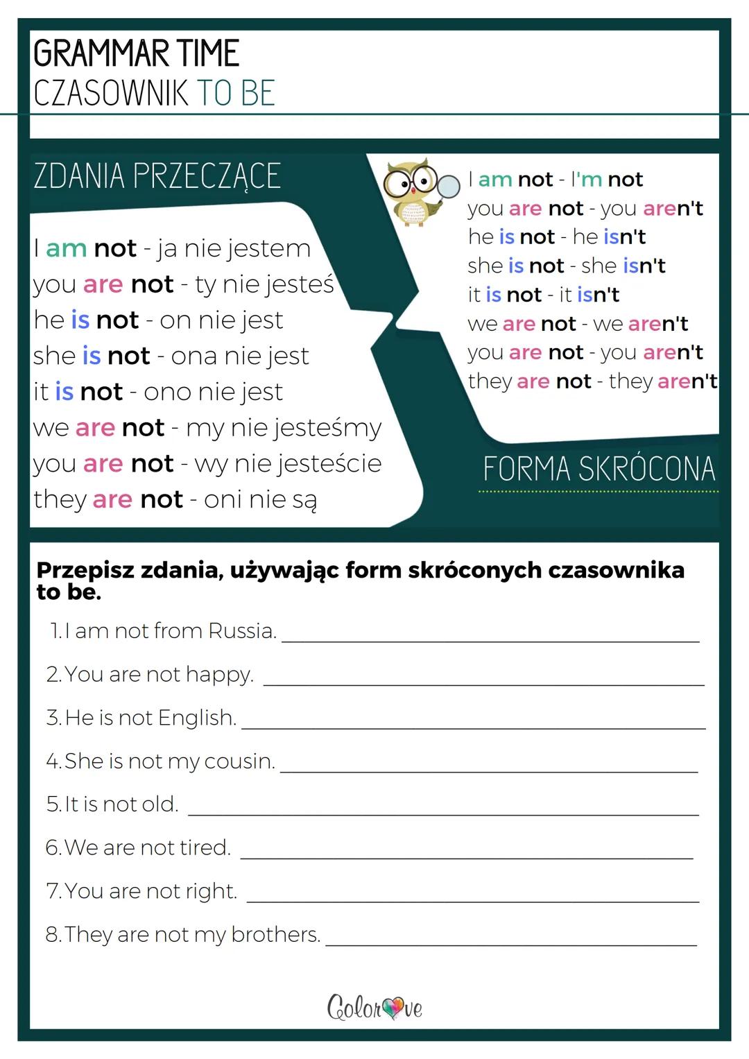 # GRAMMAR TIME
# CZASOWNIK TO BE
# ZDANIA TWIERDZĄCE
I am - ja jestem
you are ty jesteś
he is - on jest
she is - ona jest
it is - ono jest